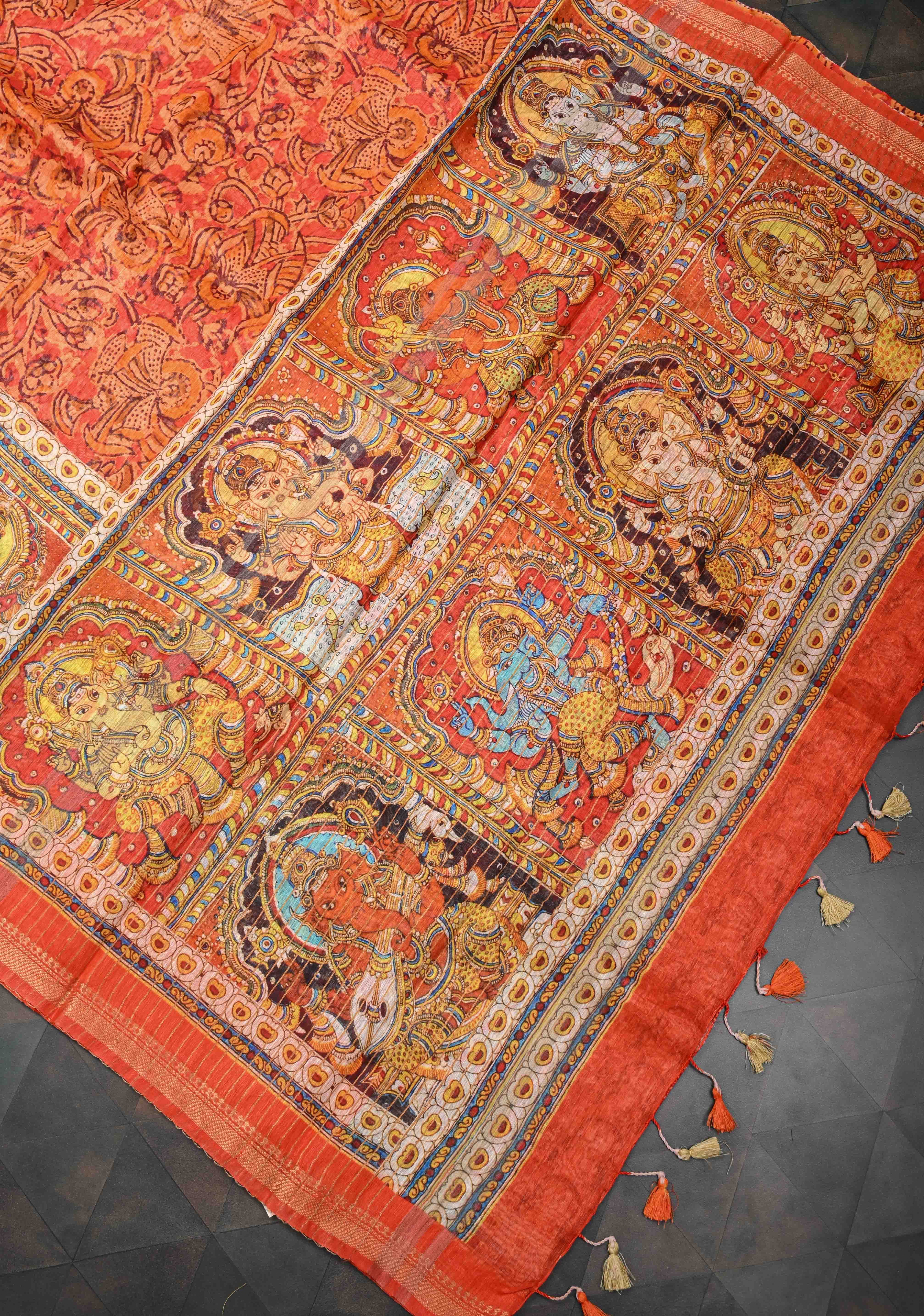 Ashta Ganapathi Kalamkari Digital Print Silk Linen Saree in Orange | Shobitam