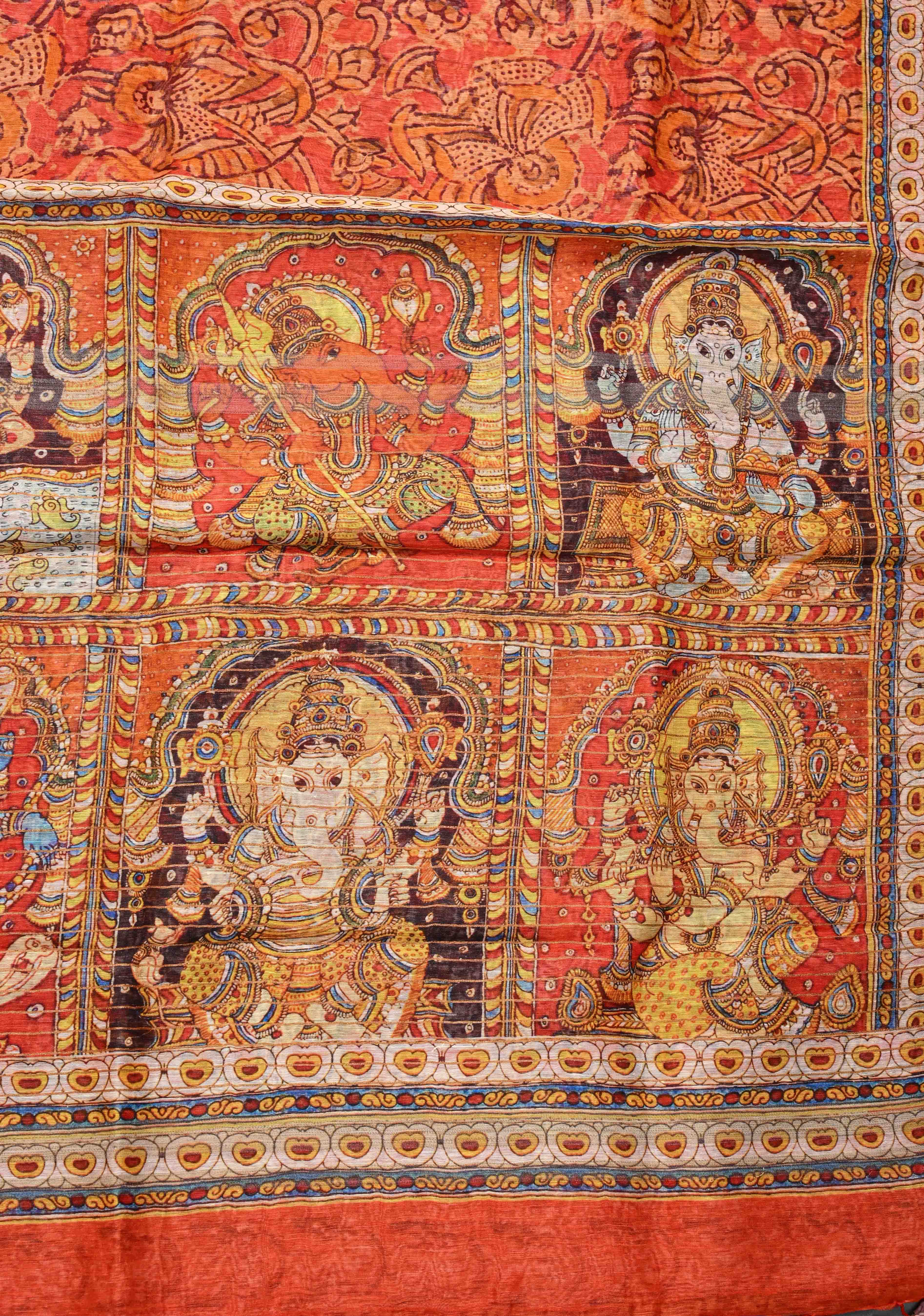 Ashta Ganapathi Kalamkari Digital Print Silk Linen Saree in Orange | Shobitam