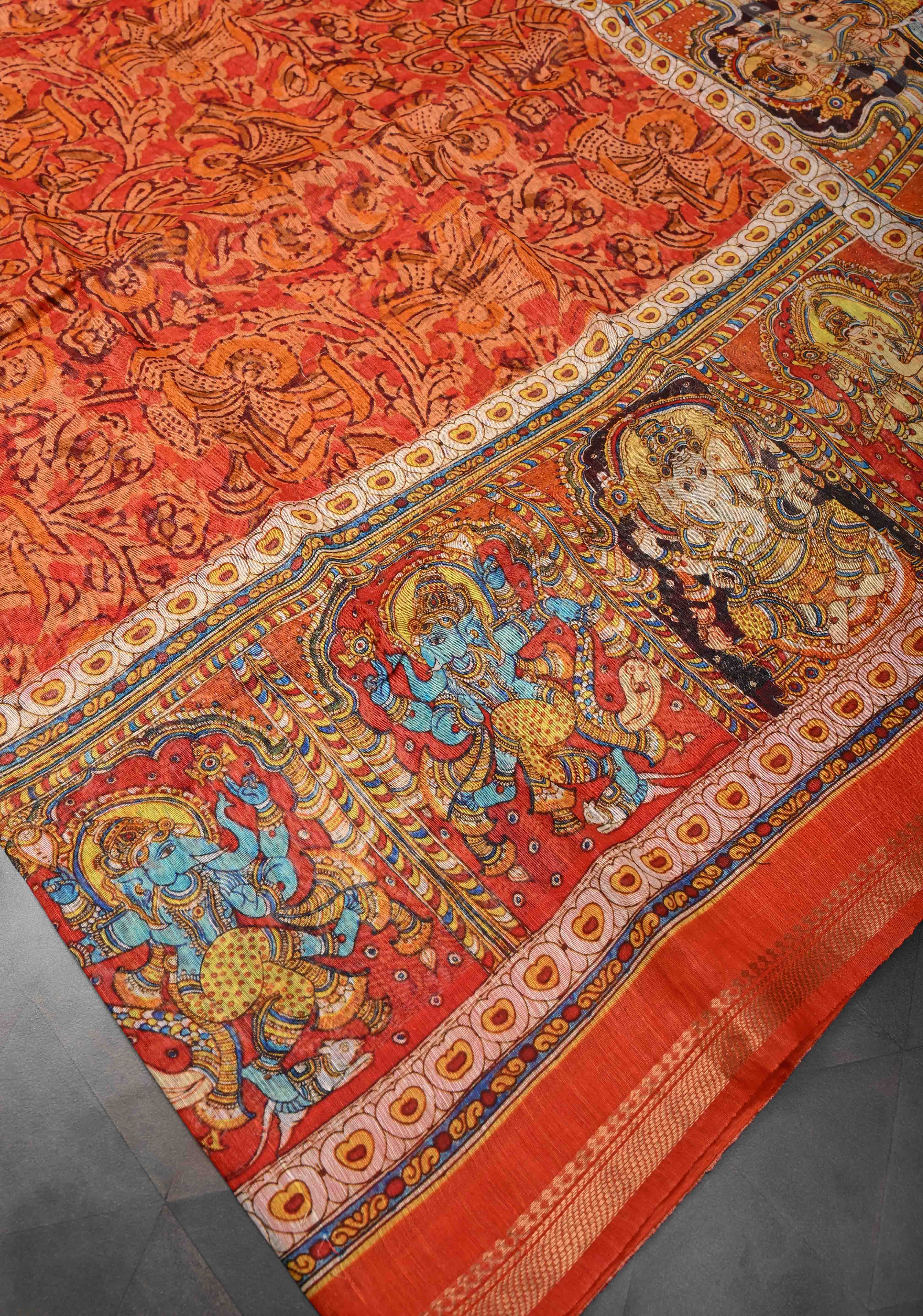 Ashta Ganapathi Kalamkari Digital Print Silk Linen Saree in Orange | Shobitam