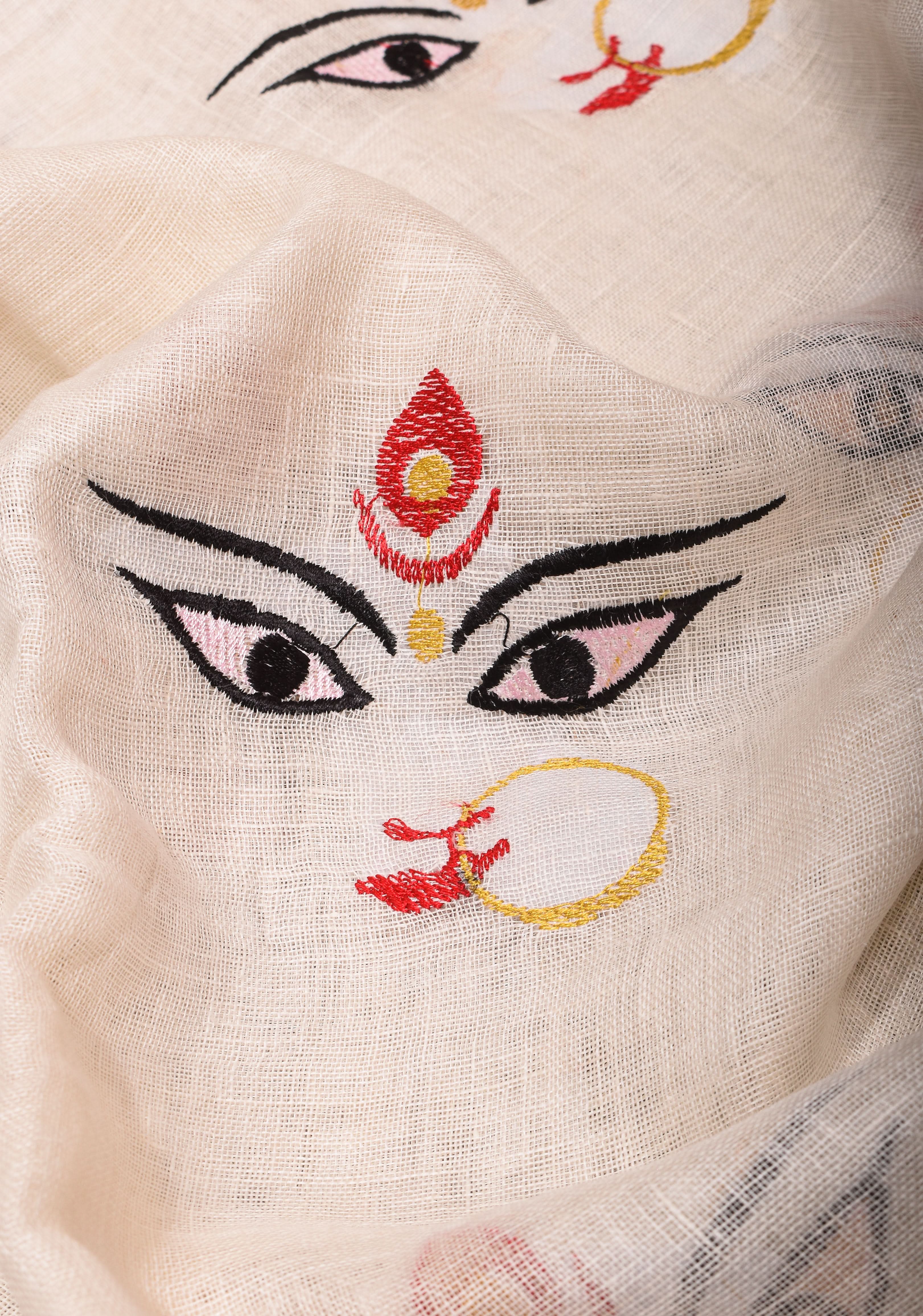 Stunning White Linen Saree with Goddess Durga Motif. Top Seller Saree. Vidya Balan Favorite! | Shobitam