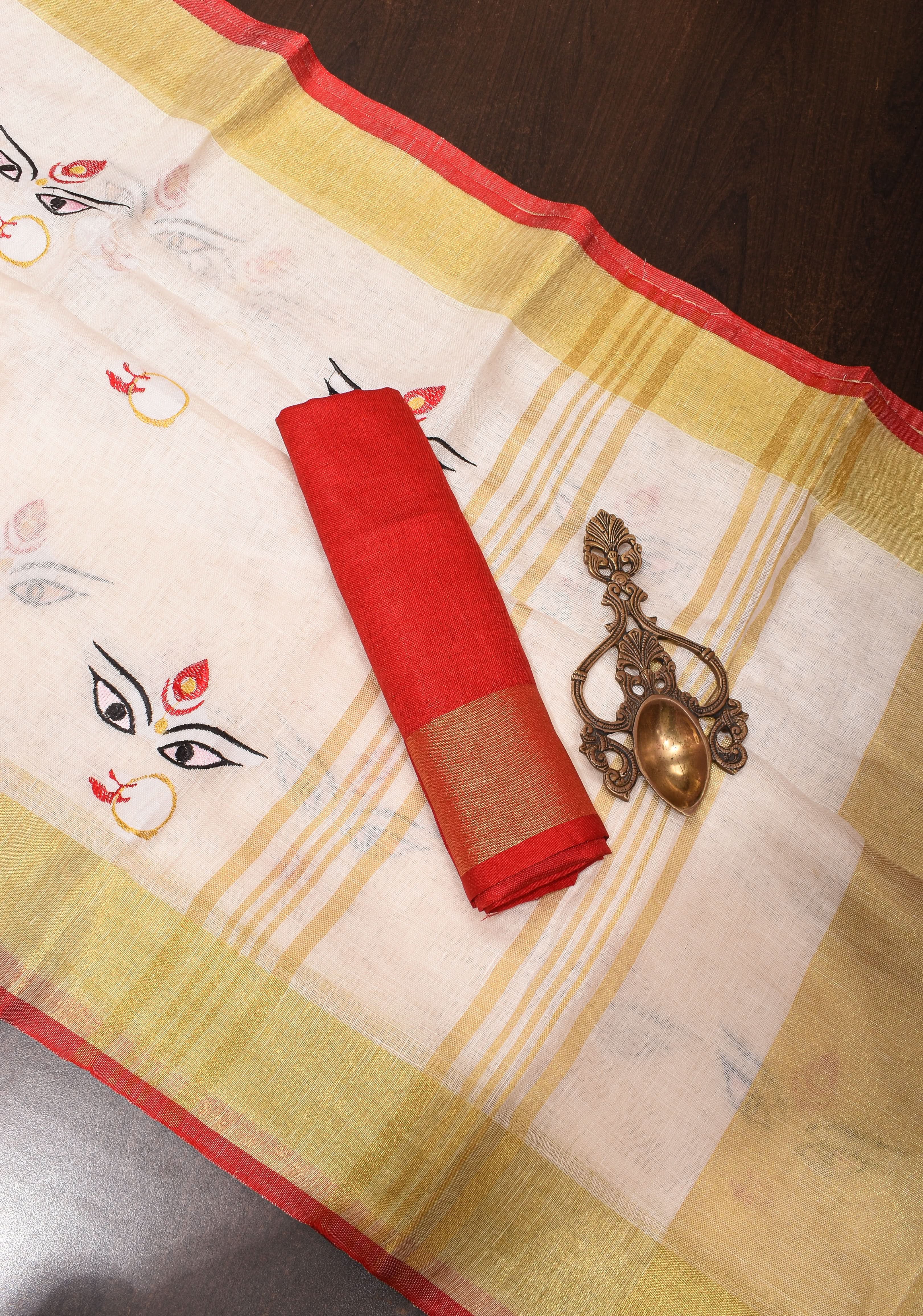 Stunning White Linen Saree with Goddess Durga Motif. Top Seller Saree. Vidya Balan Favorite! | Shobitam