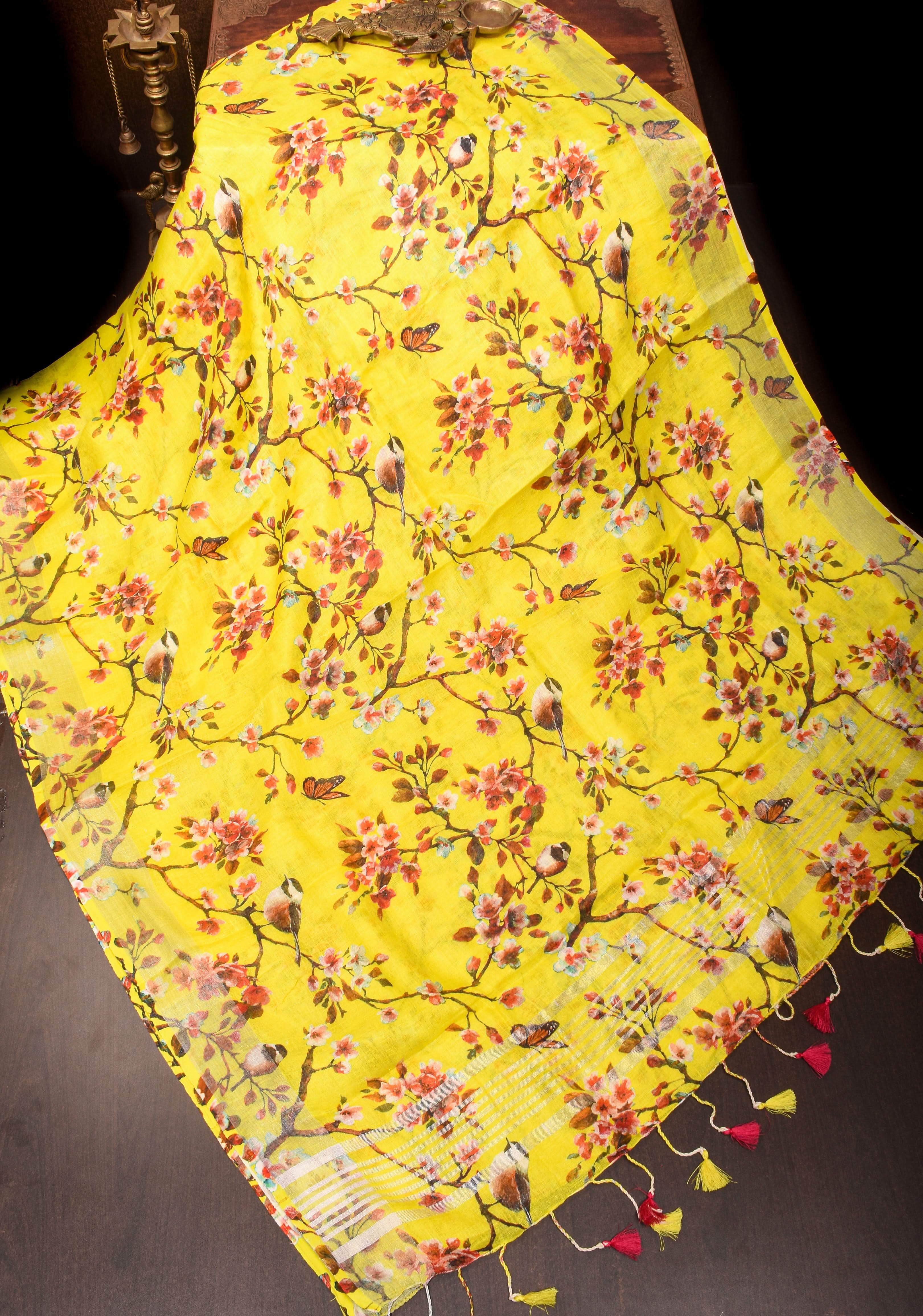 Stunning Vidya Balan Yellow Floral Pure Linen Saree with Silver Zari Border | Shobitam Top Seller Saree