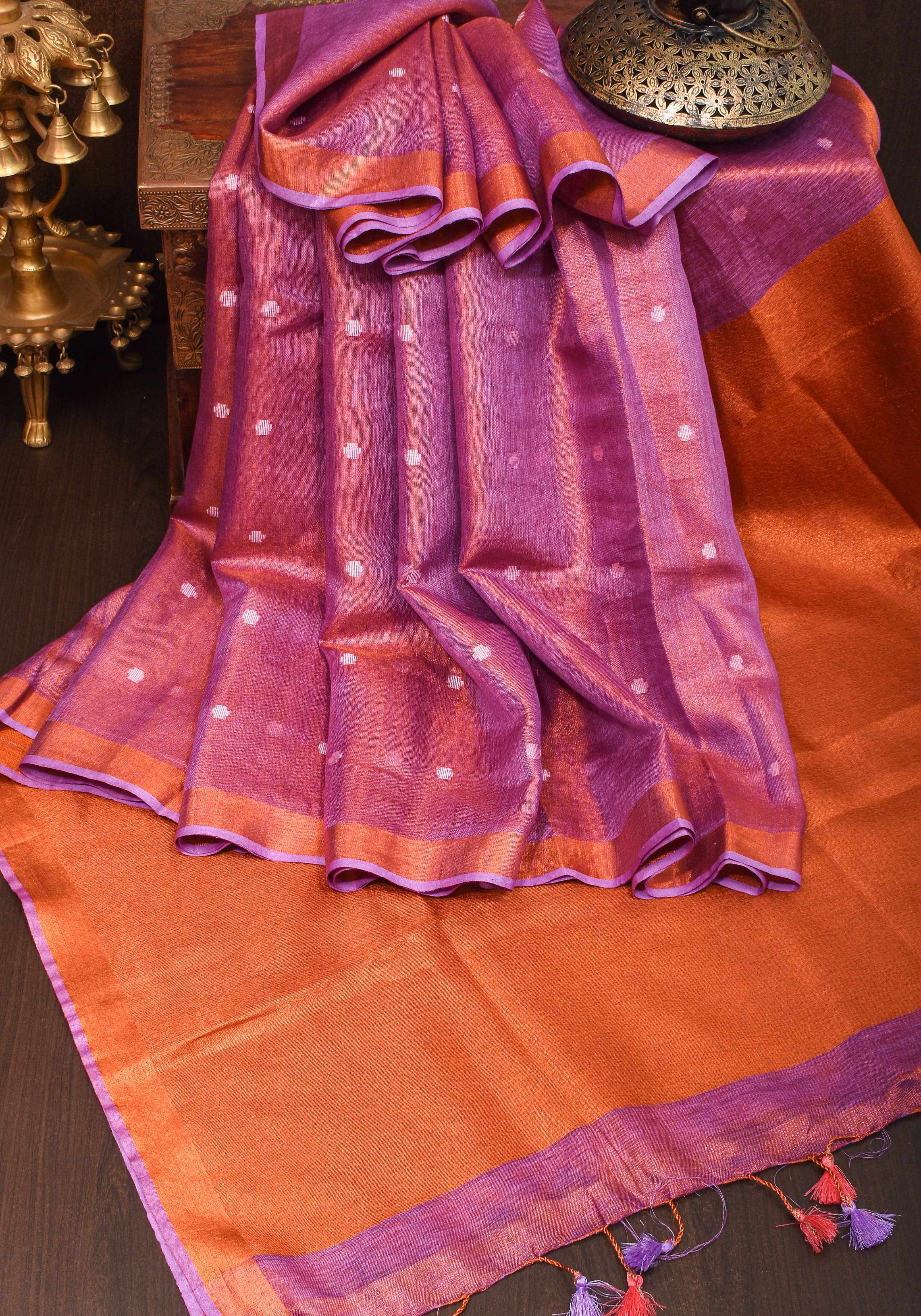 Pre Order Amethyst Copper Tissue Stunning Tissue Linen Saree with Chunri Butis and Full Tissue Pallu