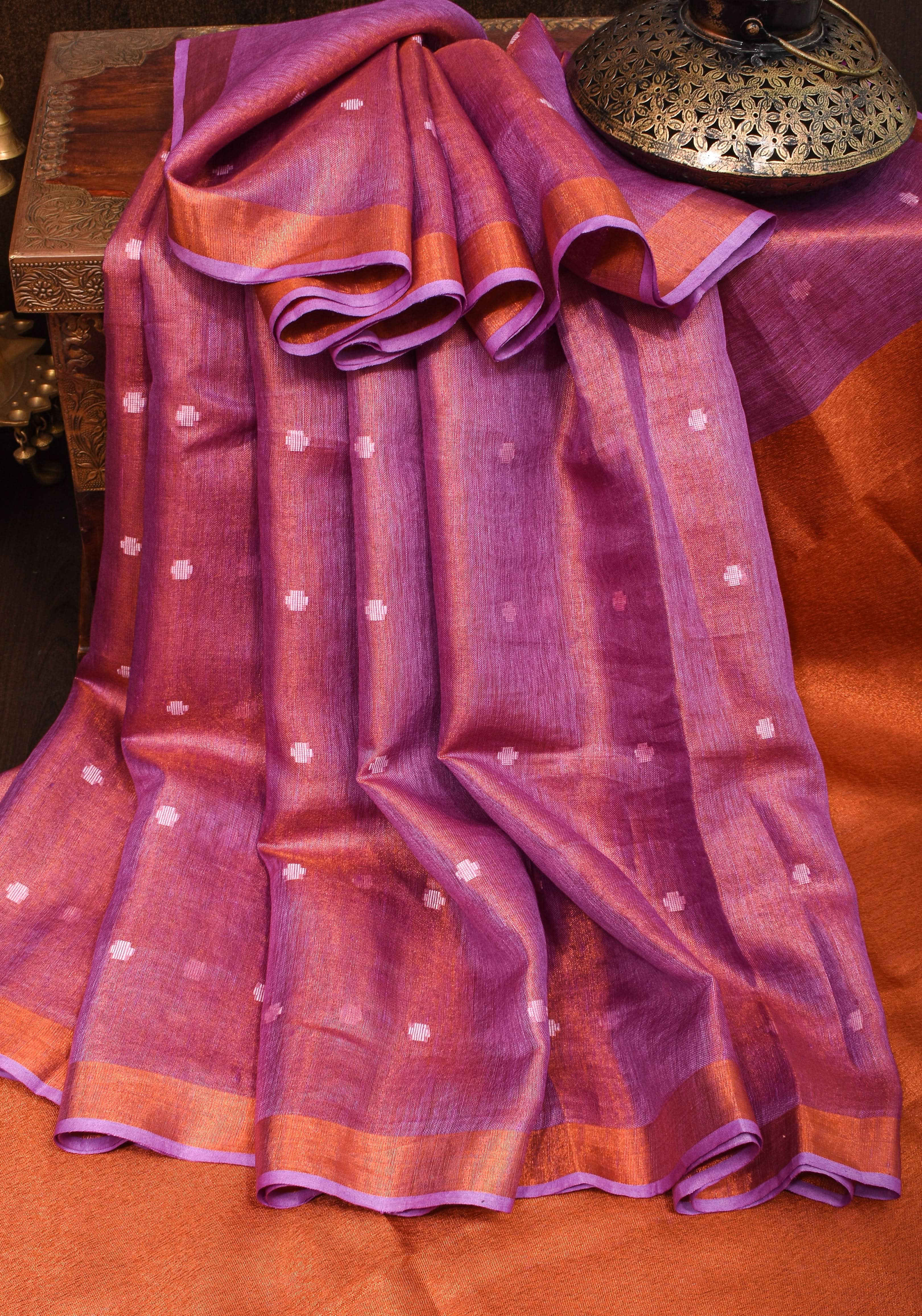 Amethyst Copper Tissue Stunning Tissue Linen Saree with Chunri Butis and Full Tissue Pallu | Shobitam
