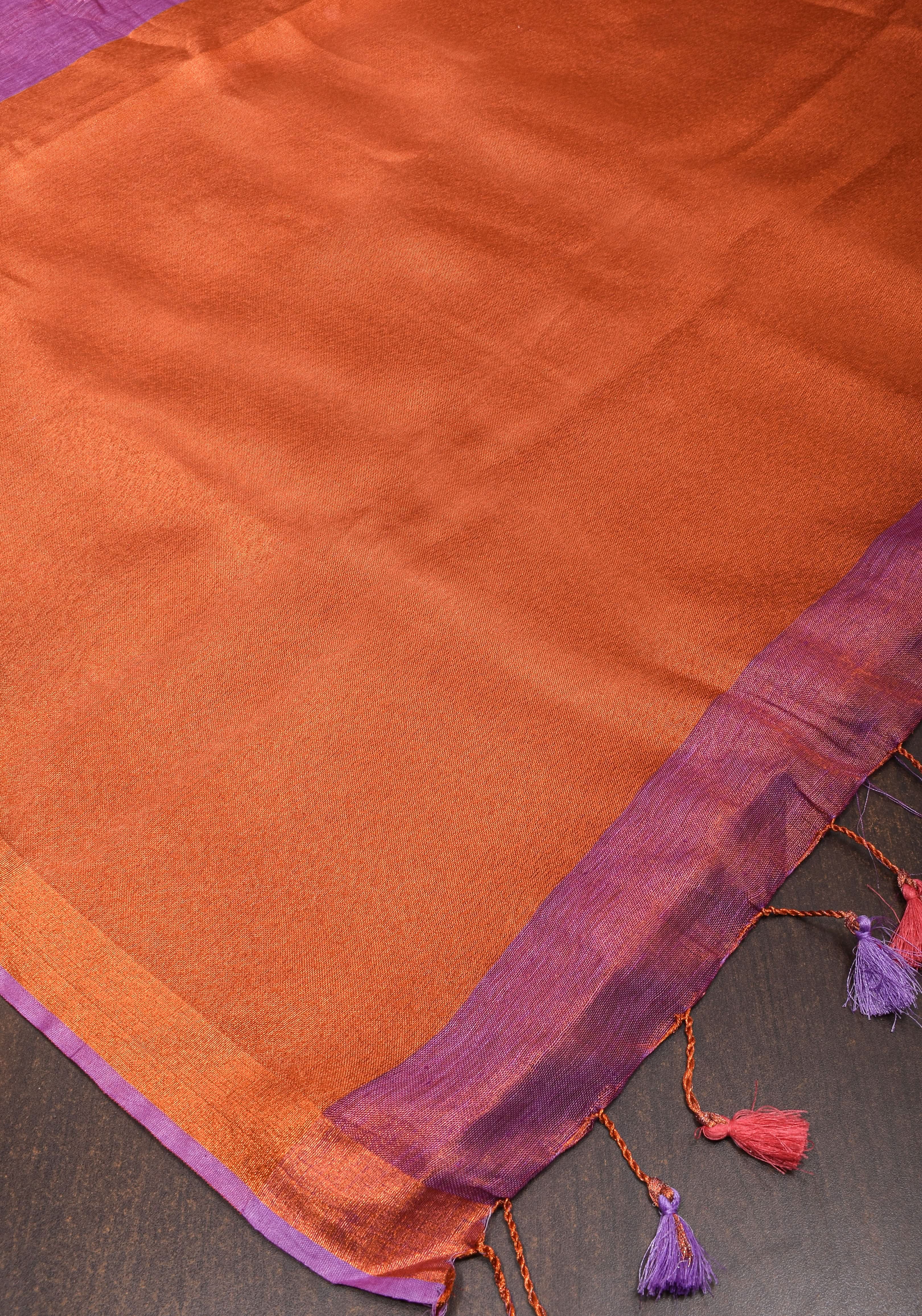 Pre Order Amethyst Copper Tissue Stunning Tissue Linen Saree with Chunri Butis and Full Tissue Pallu