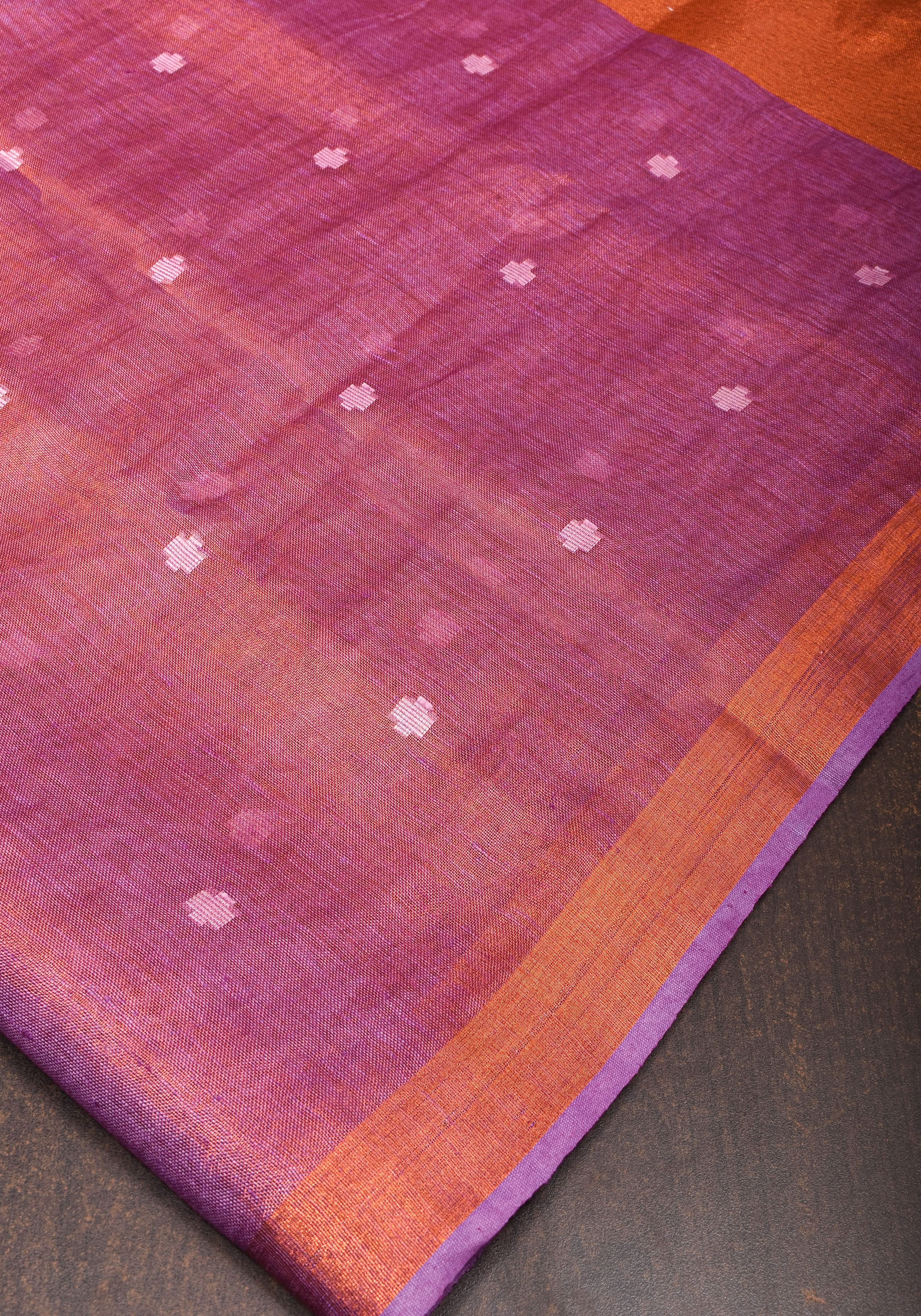 Pre Order Amethyst Copper Tissue Stunning Tissue Linen Saree with Chunri Butis and Full Tissue Pallu