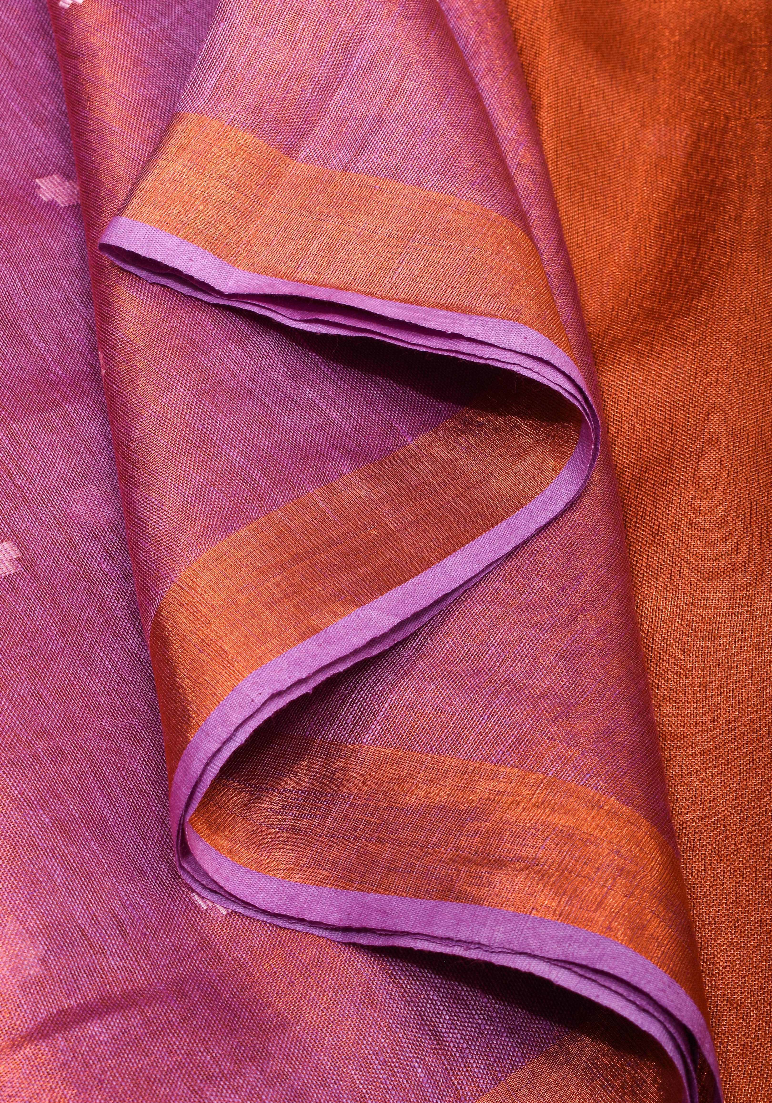 Amethyst Copper Tissue Stunning Tissue Linen Saree with Chunri Butis and Full Tissue Pallu | Shobitam
