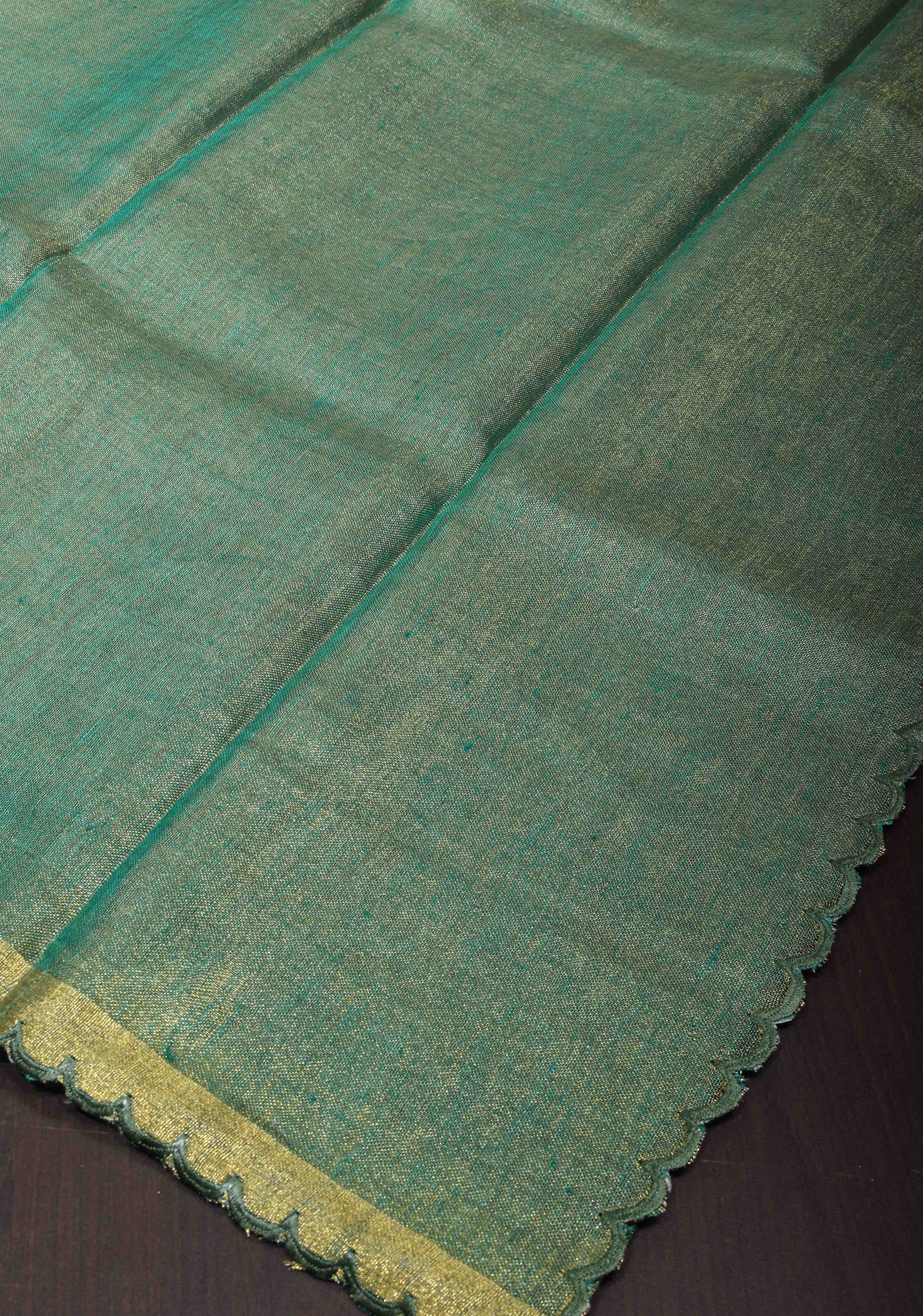 Green and Gold Tissue Linen Saree with Scallop border | Shobitam