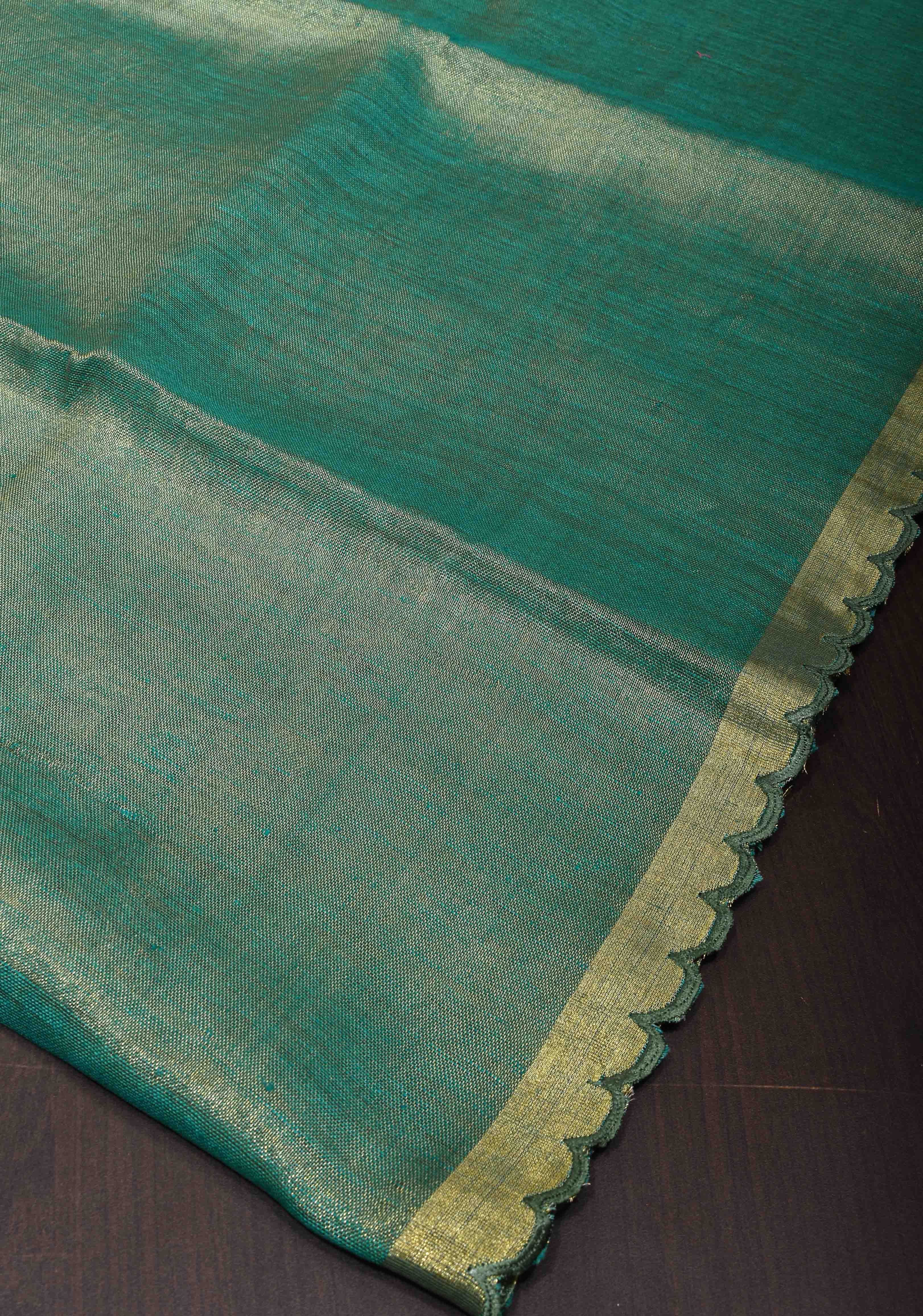 Green and Gold Tissue Linen Saree with Scallop border | Shobitam