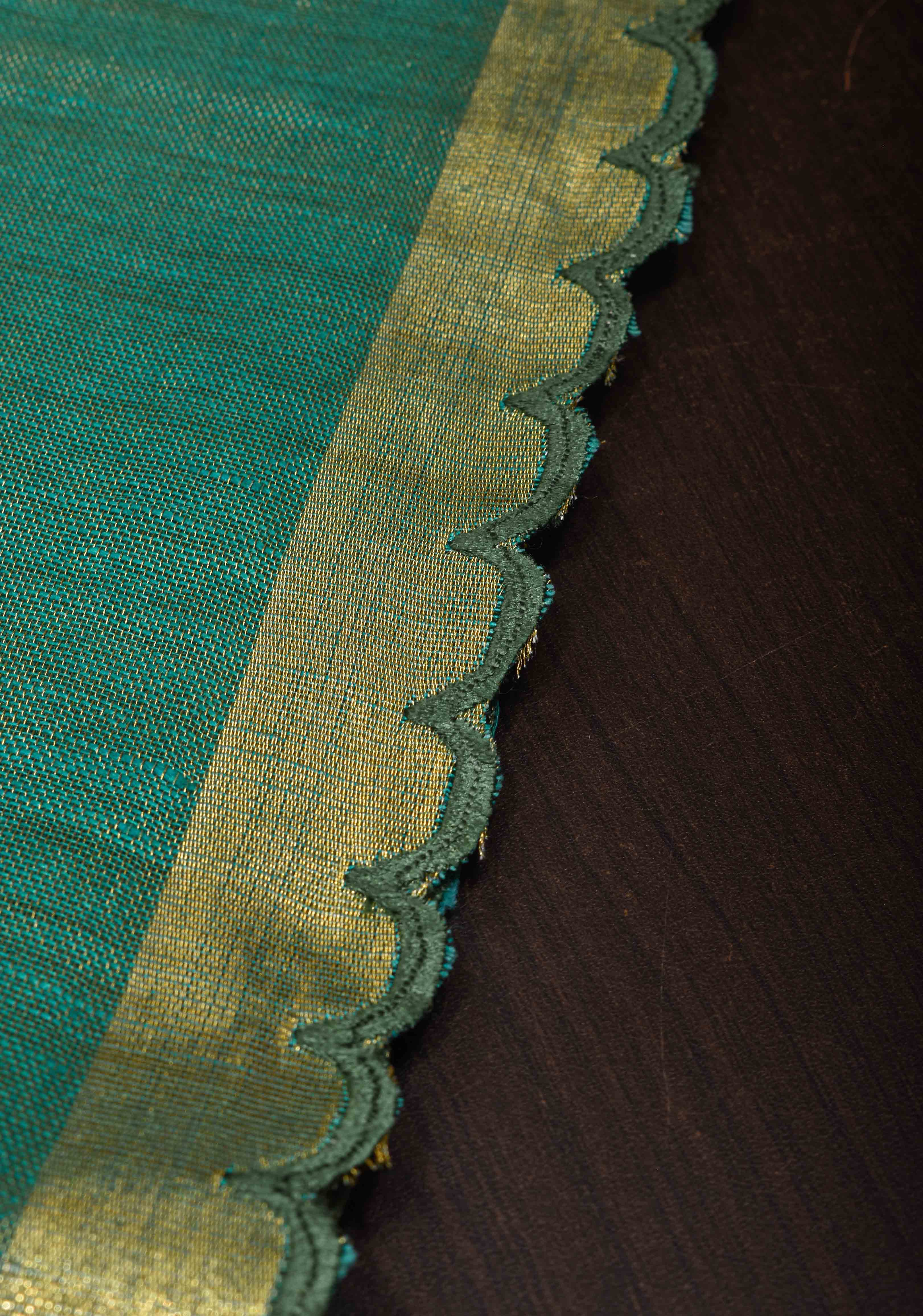 Green and Gold Tissue Linen Saree with Scallop border | Shobitam