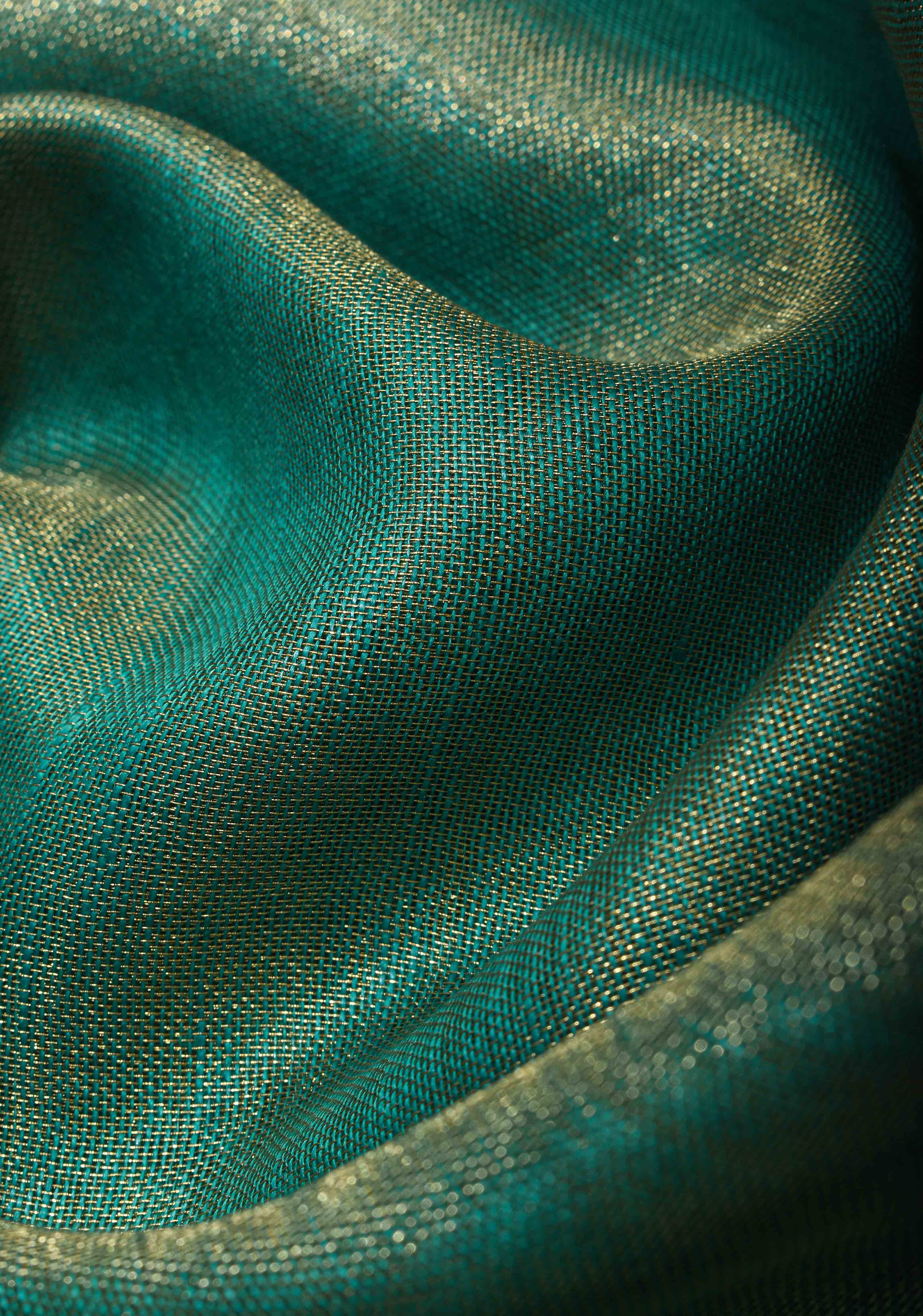 Green and Gold Tissue Linen Saree with Scallop border | Shobitam