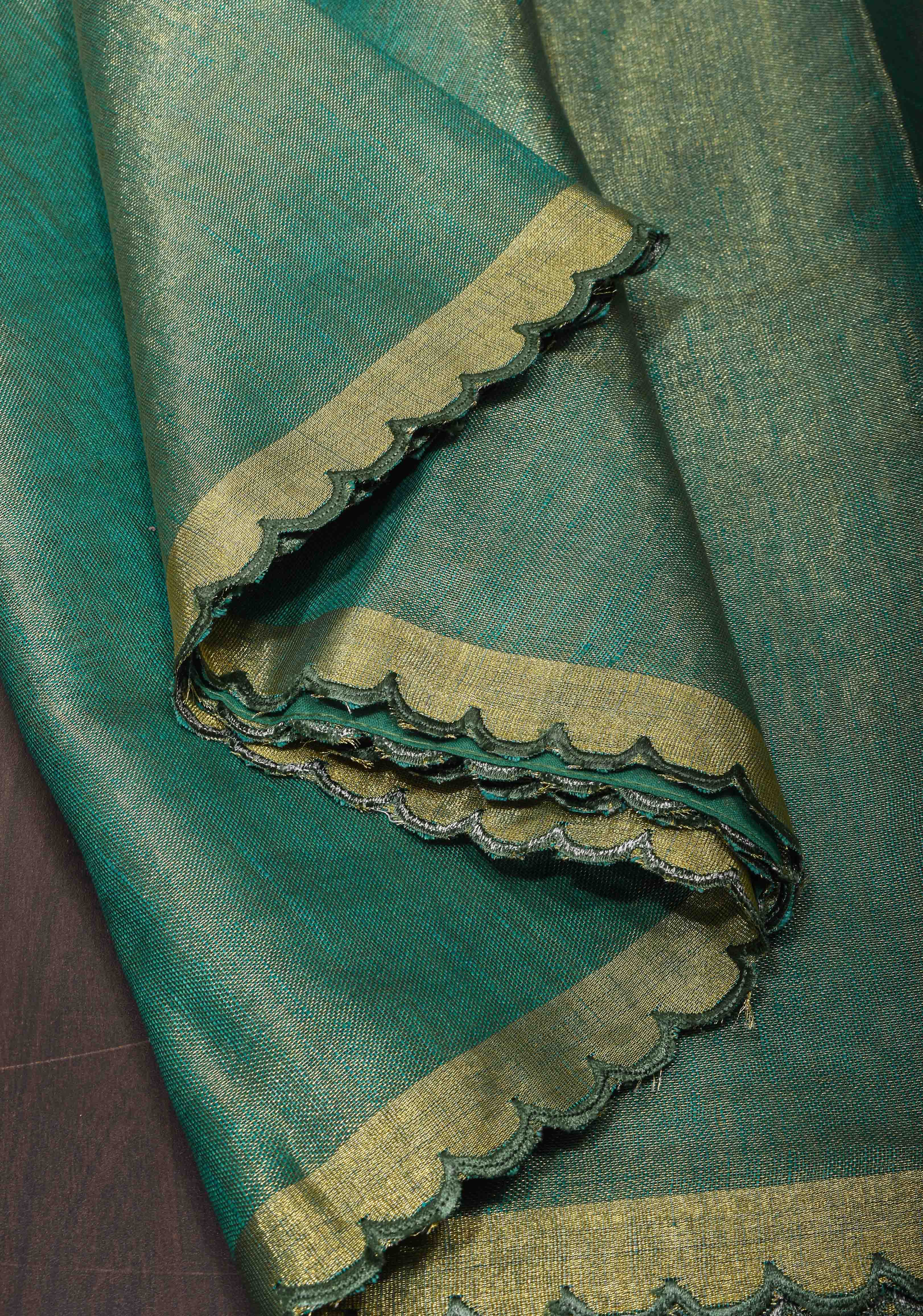 Green and Gold Tissue Linen Saree with Scallop border | Shobitam