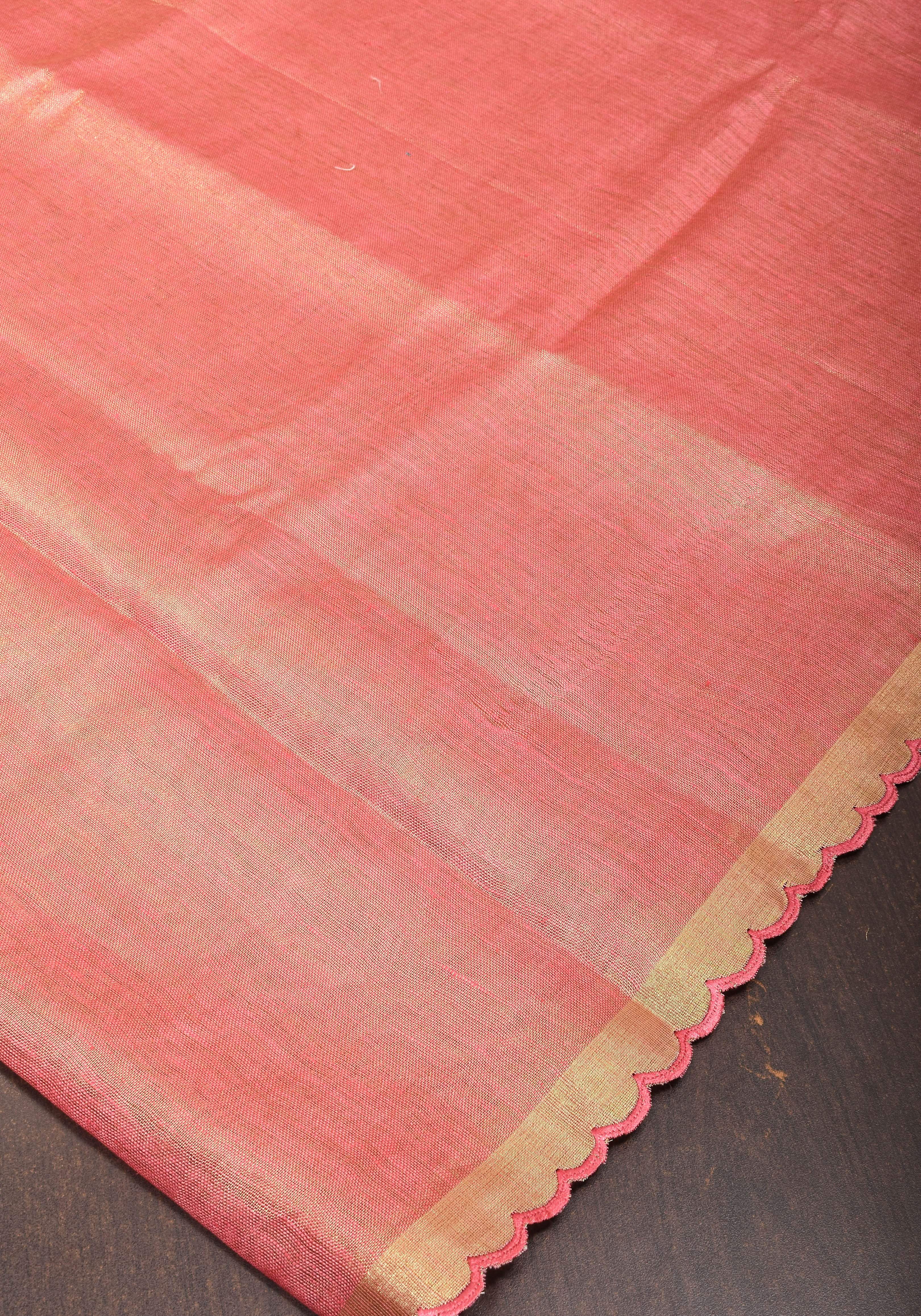 Pink tone Scalloped Tissue Linen Saree and golden border | Shobitam Saree