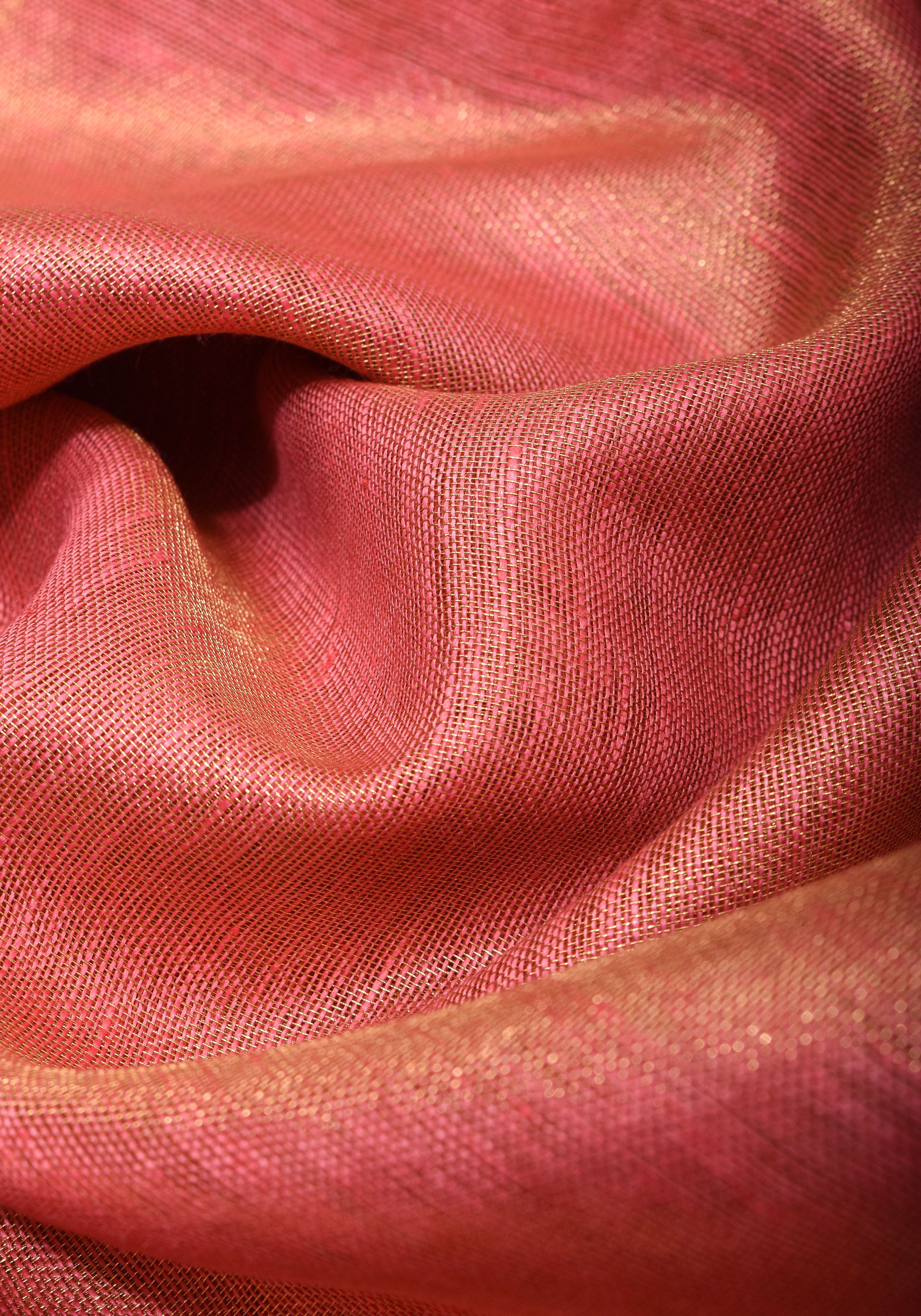 Pink tone Scalloped Tissue Linen Saree and golden border | Shobitam Saree