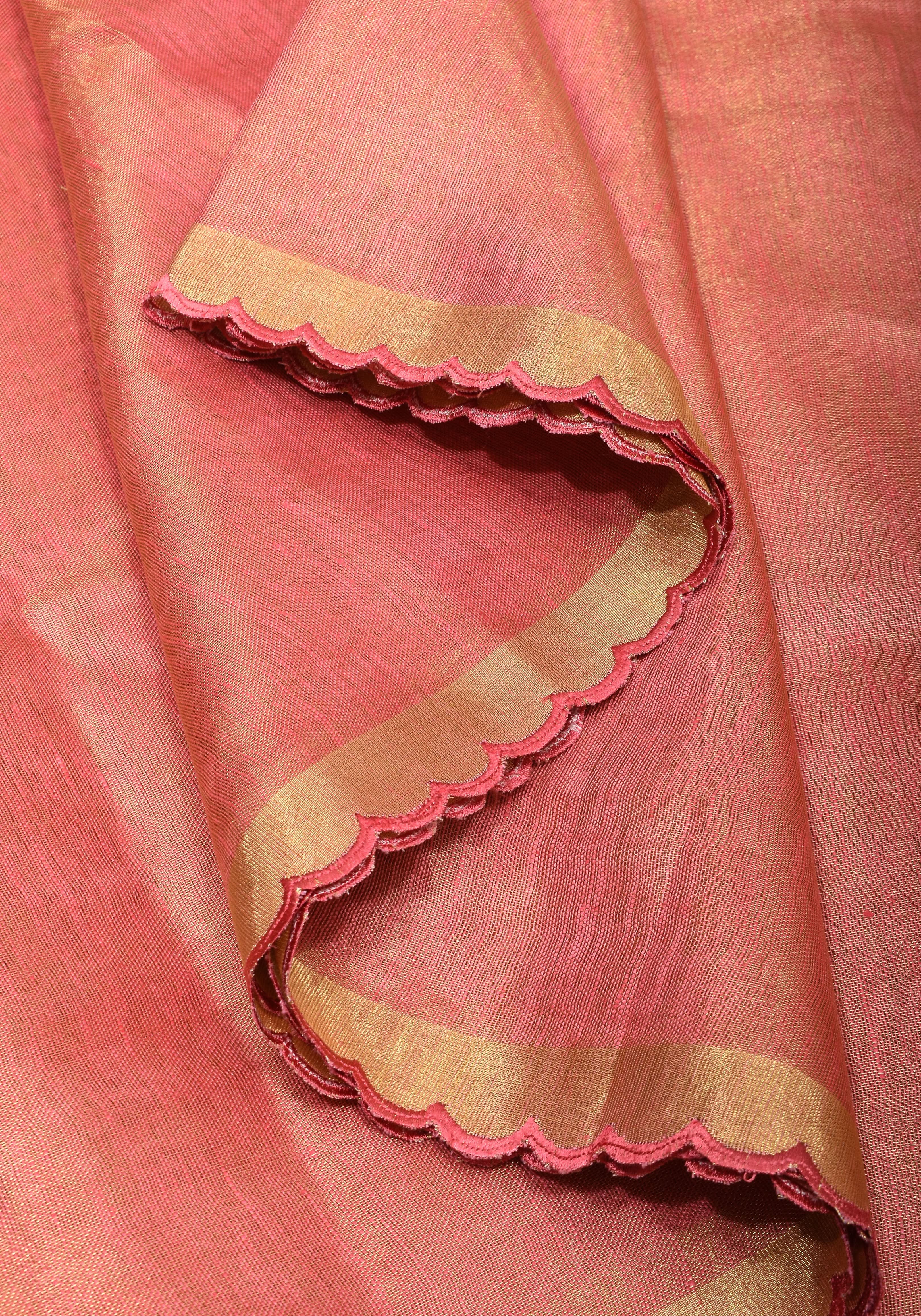 Pink tone Scalloped Tissue Linen Saree and golden border | Shobitam Saree