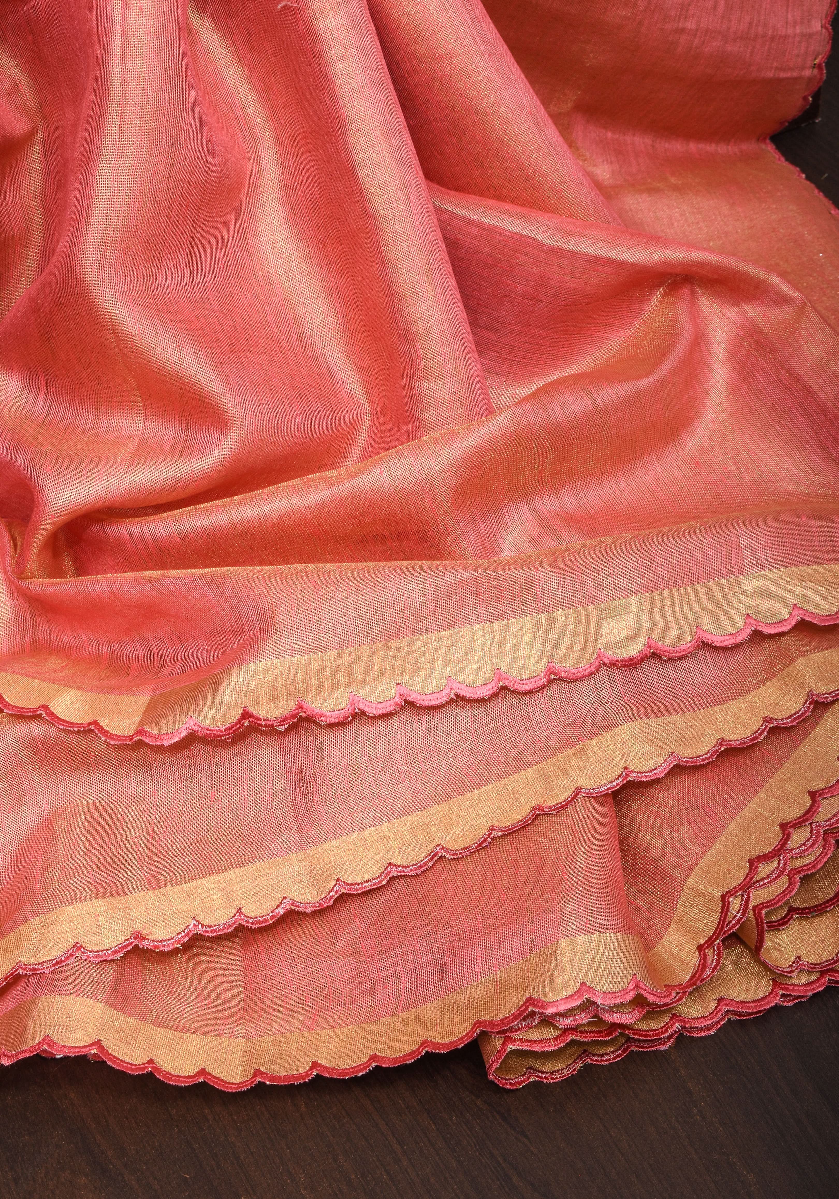 Pink tone Scalloped Tissue Linen Saree and golden border | Shobitam Saree