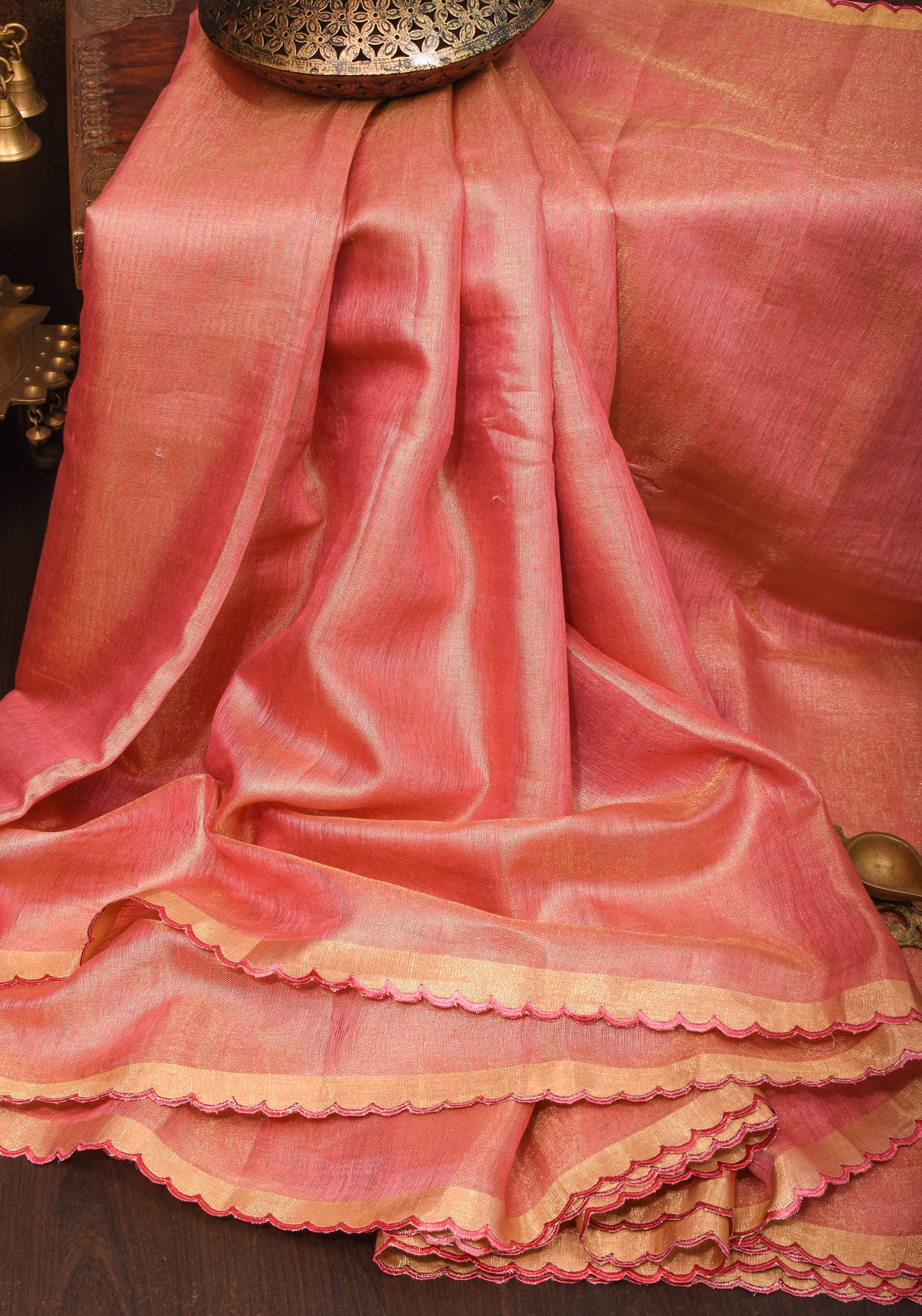 Pink tone Scalloped Tissue Linen Saree and golden border | Shobitam Saree