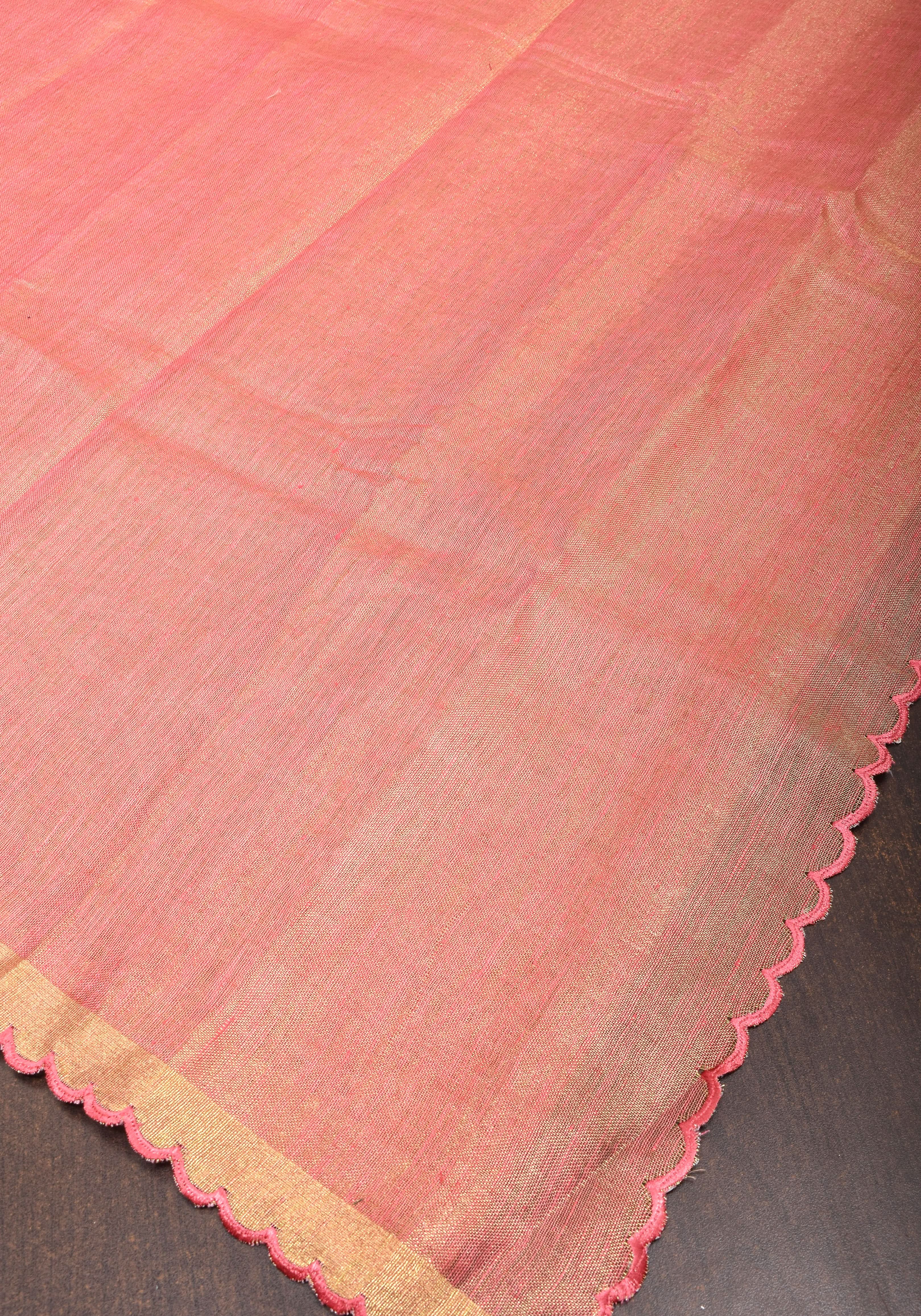 Pink tone Scalloped Tissue Linen Saree and golden border | Shobitam Saree