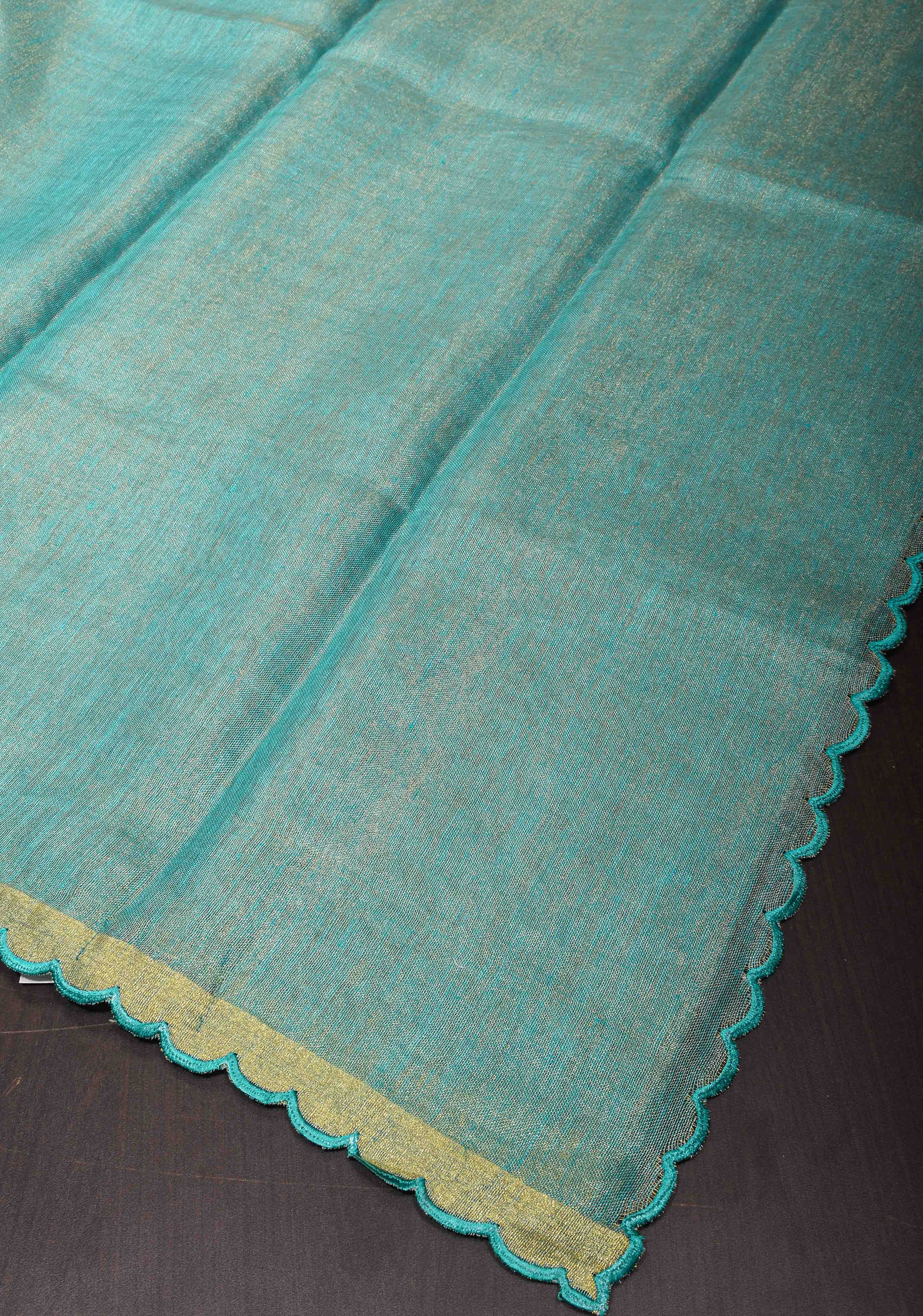 Sea Green Scalloped Tissue Linen Saree and Golden border | Shobitam