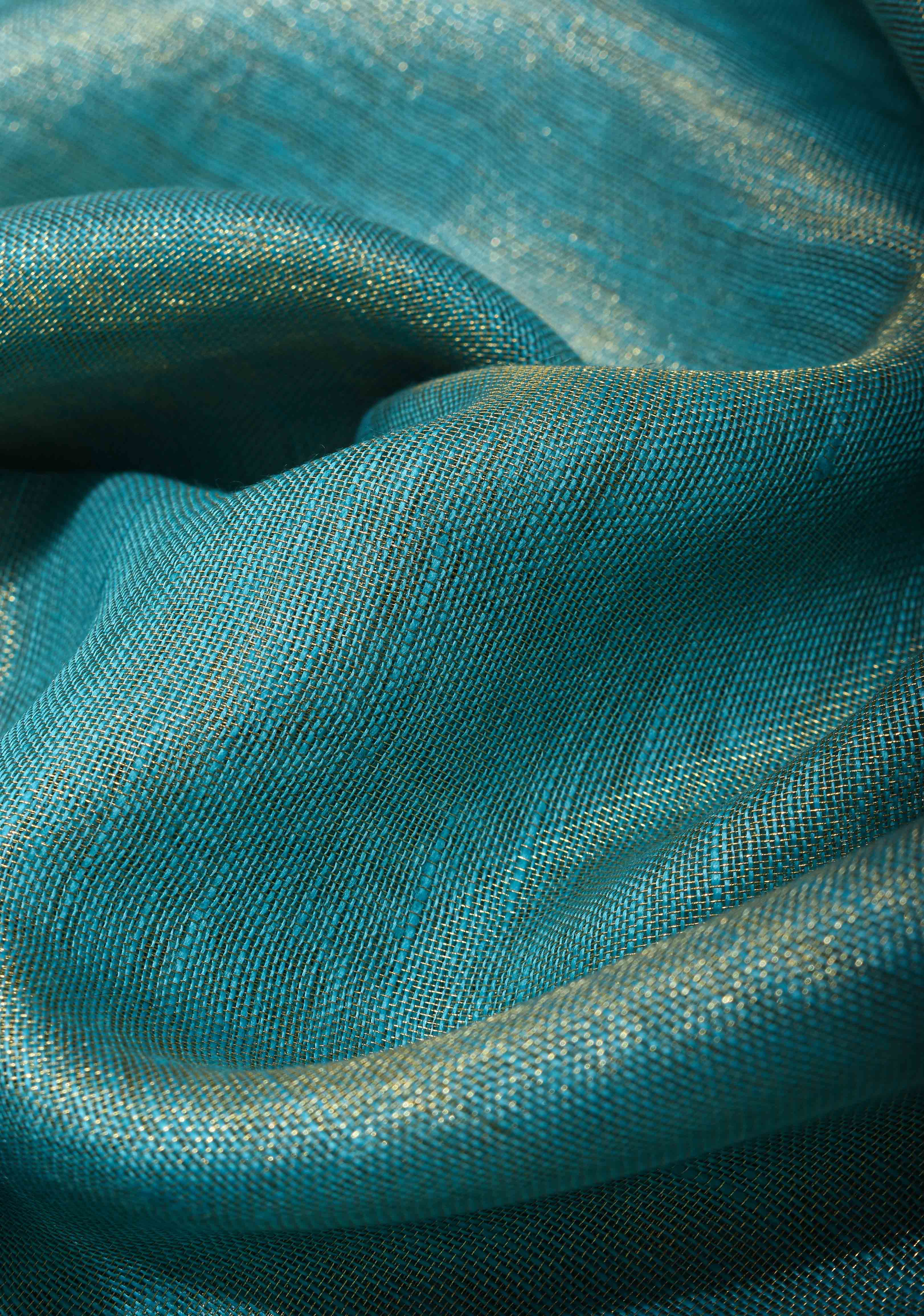 Sea Green Scalloped Tissue Linen Saree and Golden border | Shobitam