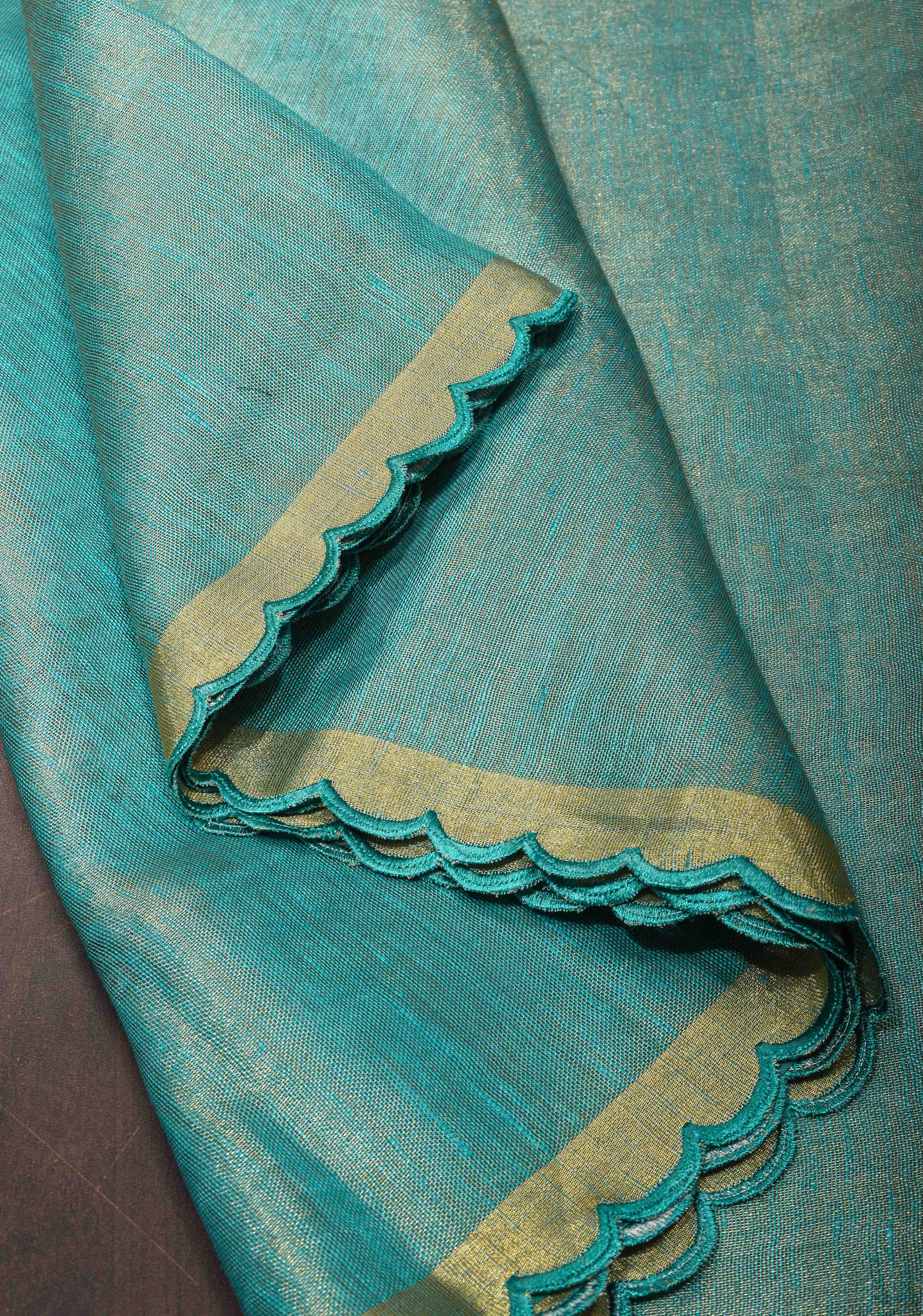Sea Green Scalloped Tissue Linen Saree and Golden border | Shobitam