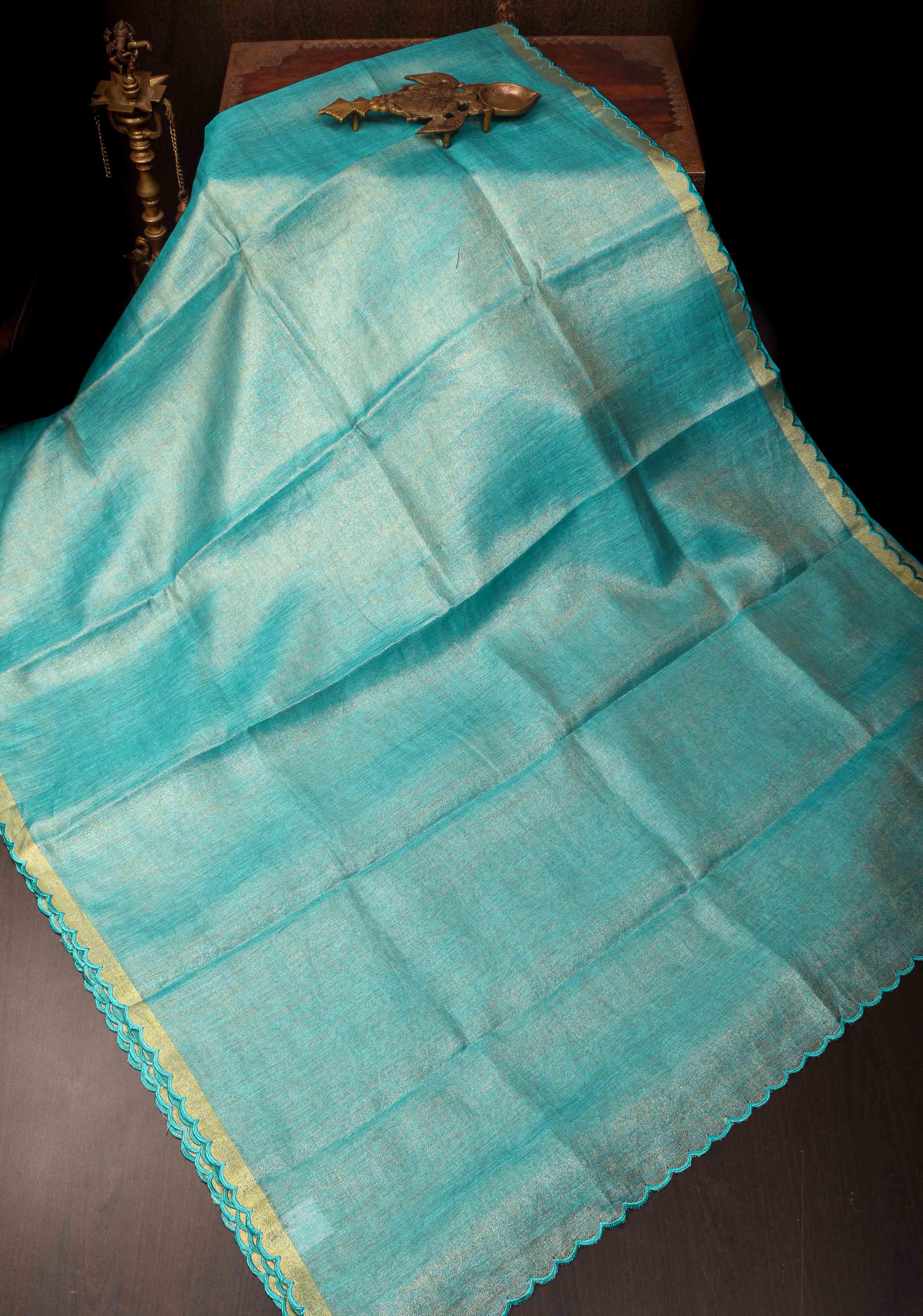 Sea Green Scalloped Tissue Linen Saree and Golden border | Shobitam