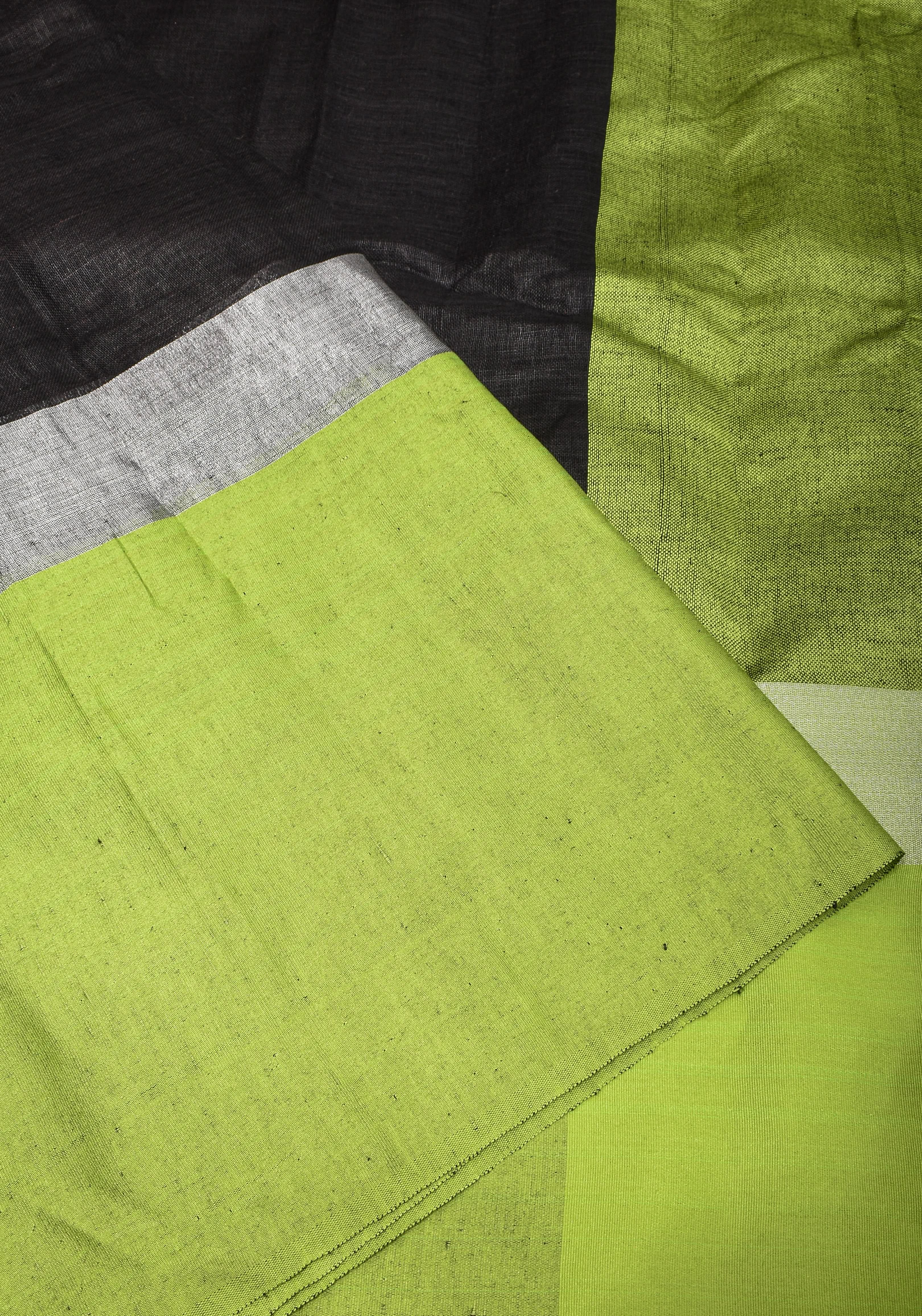 Black and Leaf Green Wide Border Linen by Linen Saree | Shobitam