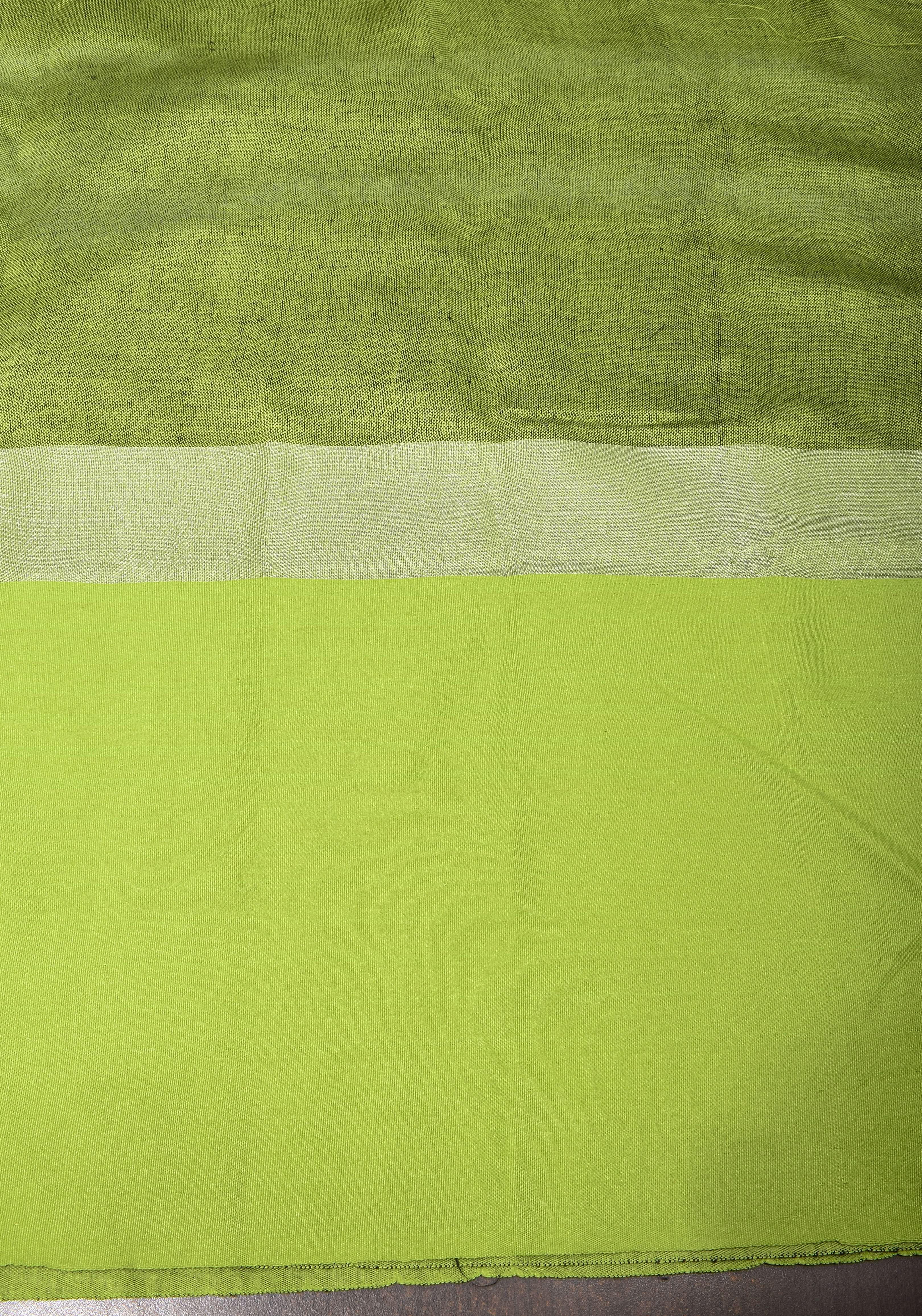 Black and Leaf Green Wide Border Linen by Linen Saree | Shobitam