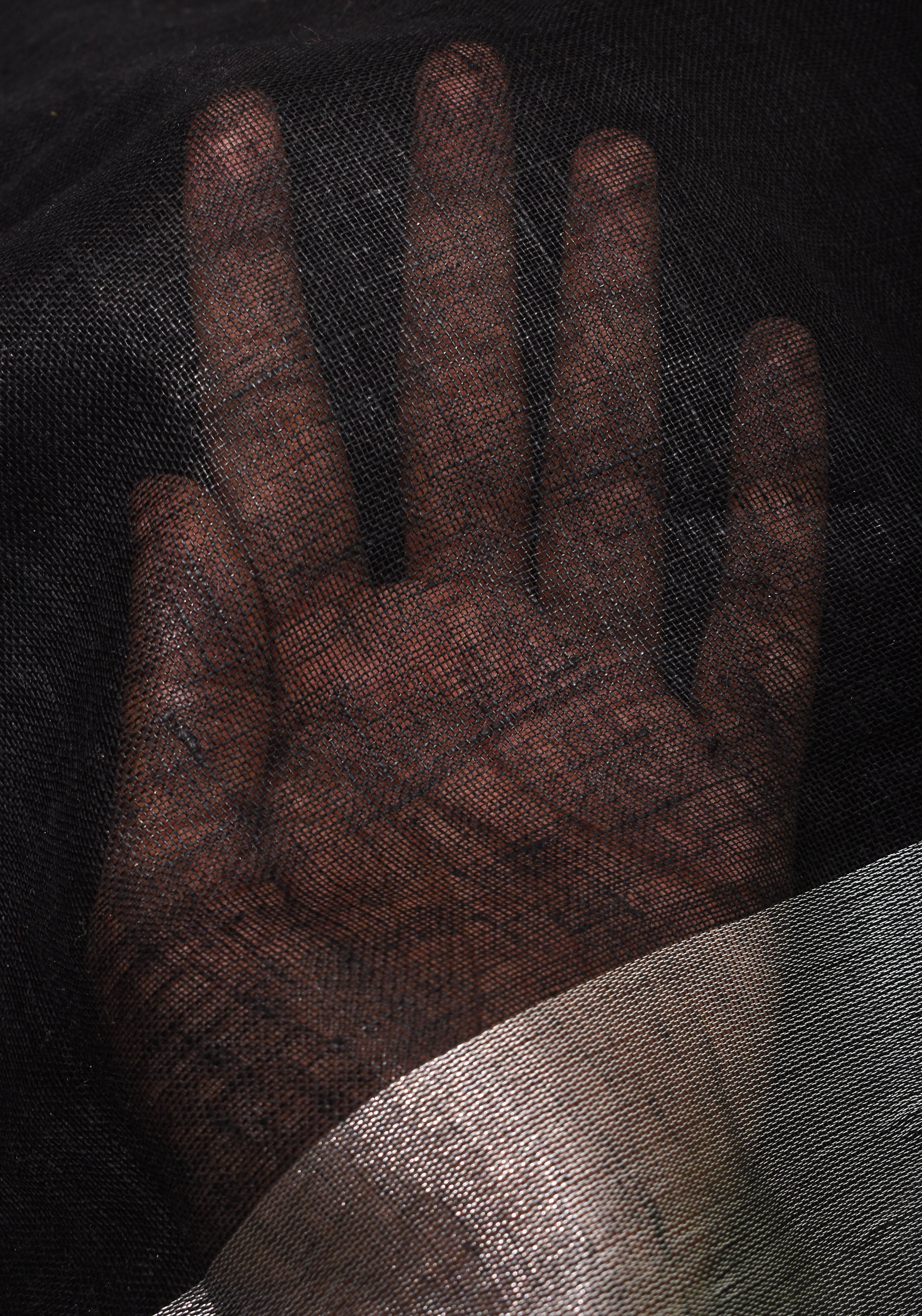 Black and Leaf Green Wide Border Linen by Linen Saree | Shobitam