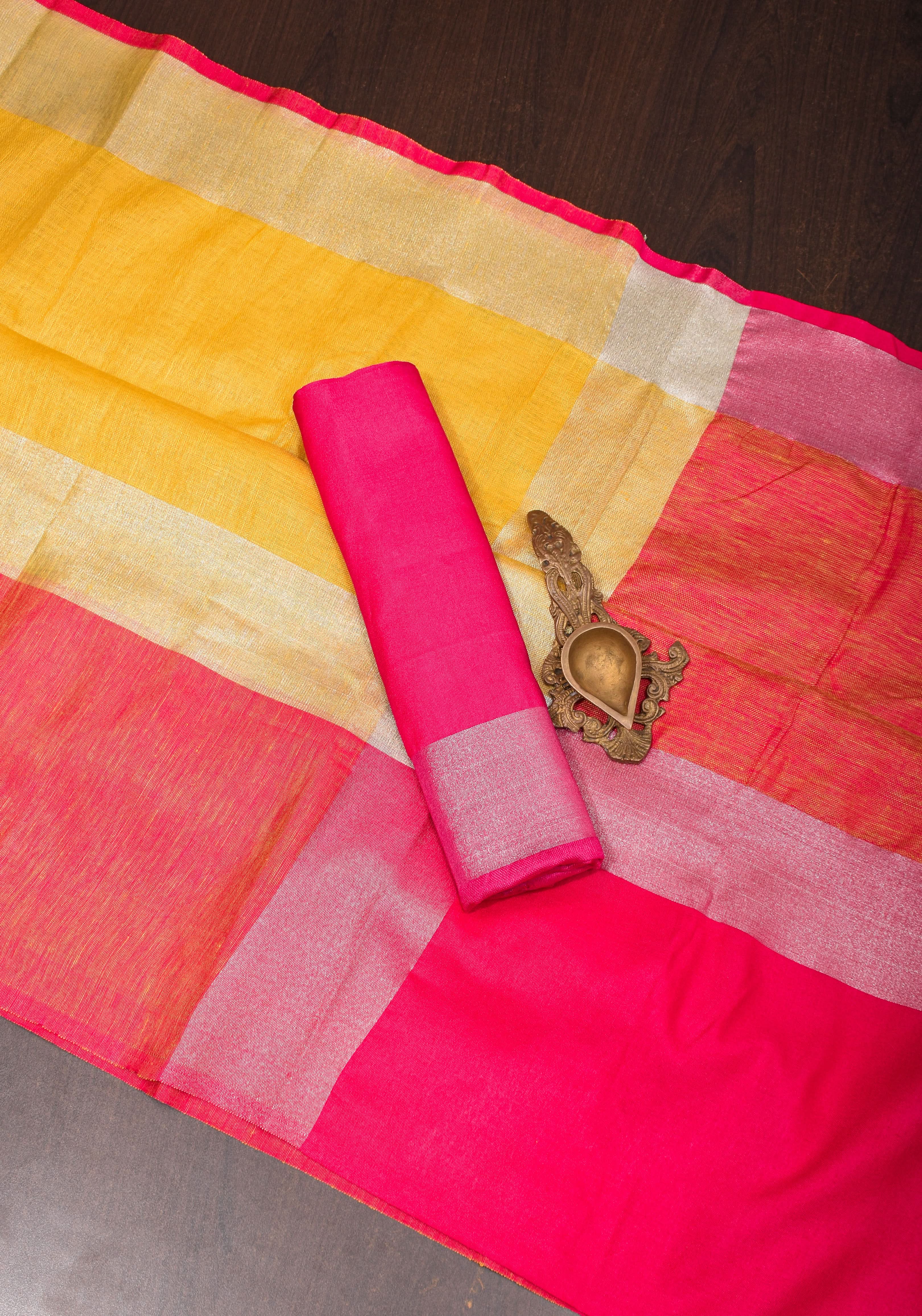 PREORDER: Yellow and Bright Pink Wide Border Linen by Linen Saree