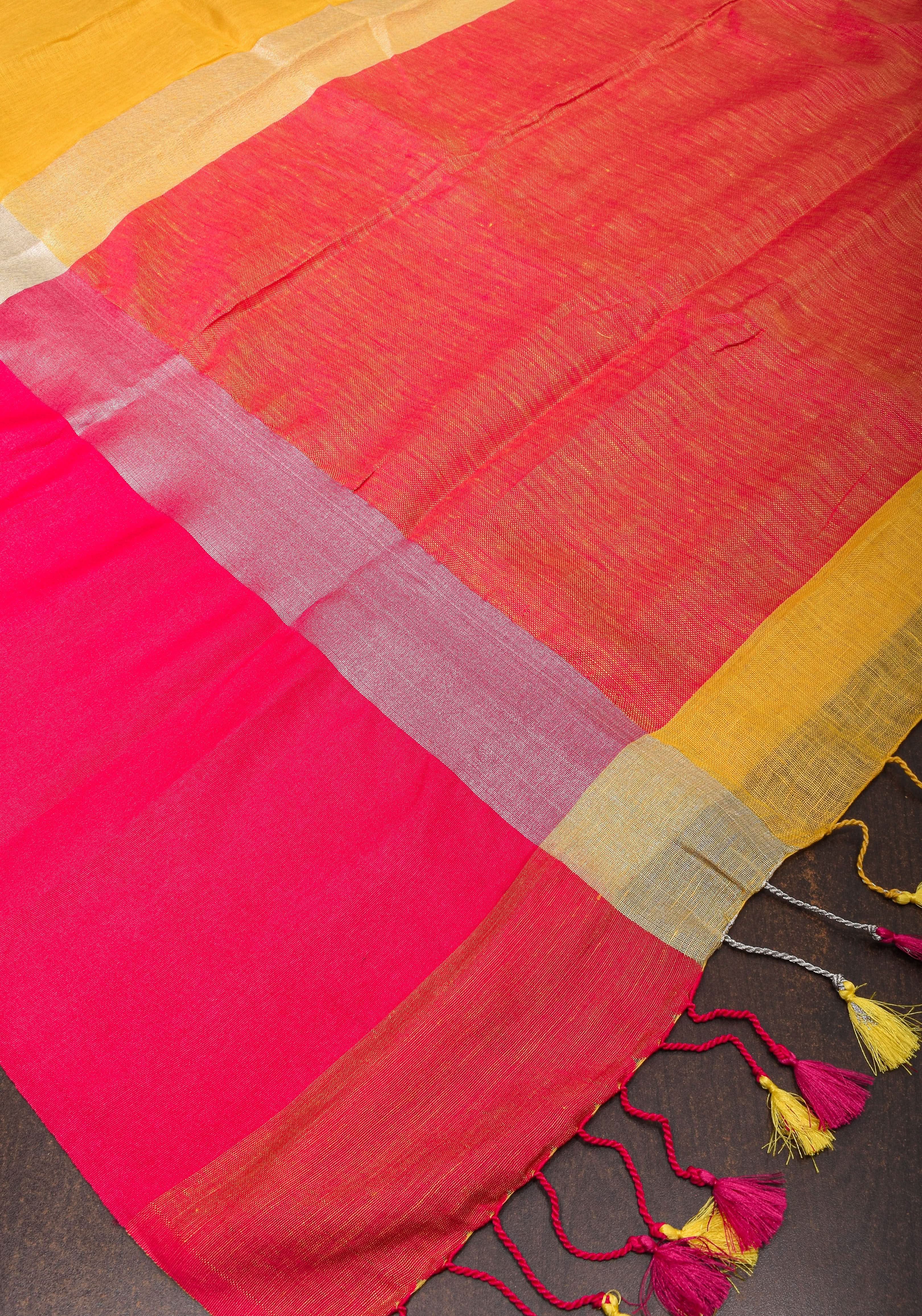 PREORDER: Yellow and Bright Pink Wide Border Linen by Linen Saree