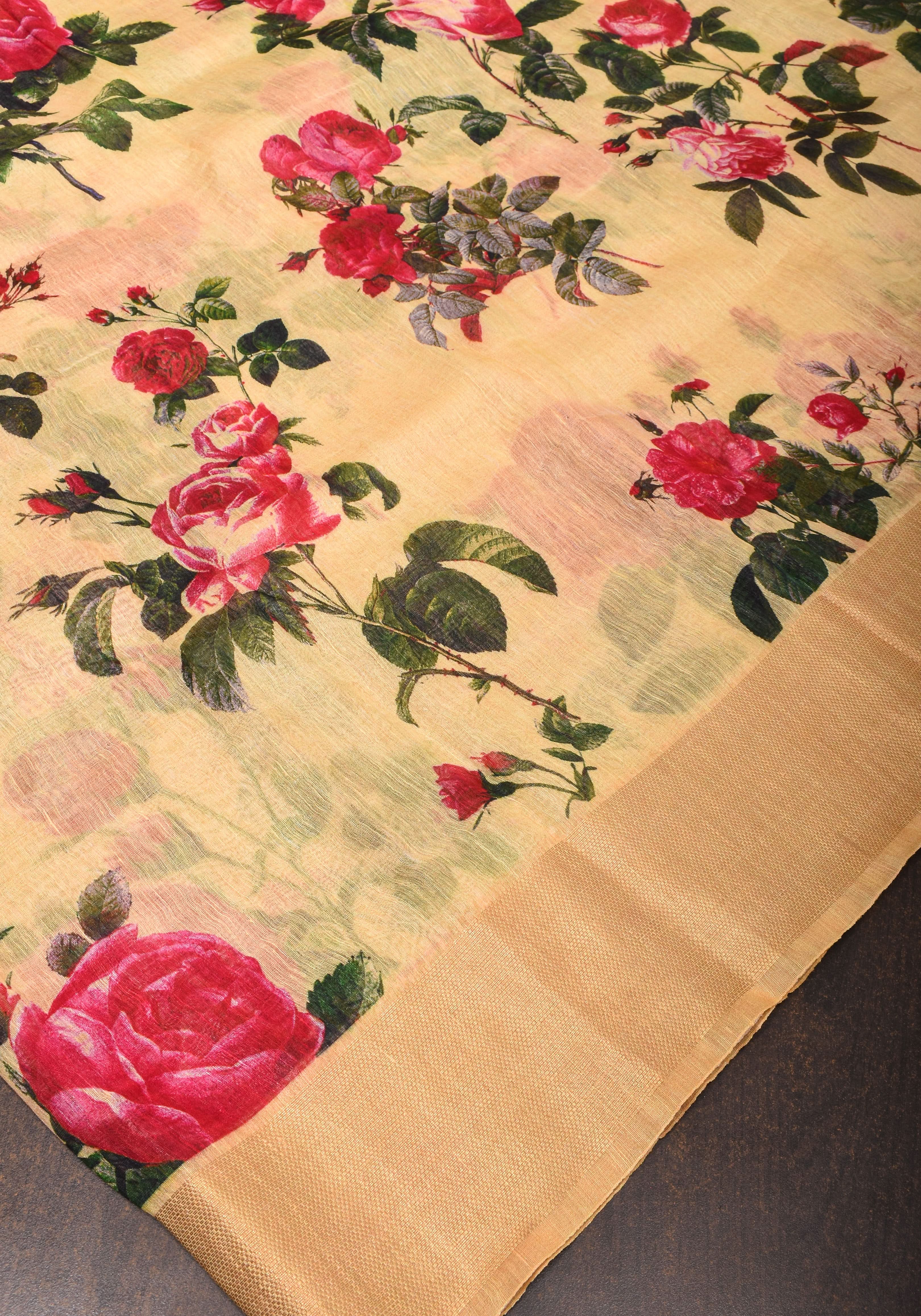Cream Silk Linen Saree with Floral Digital Print | Shobitam
