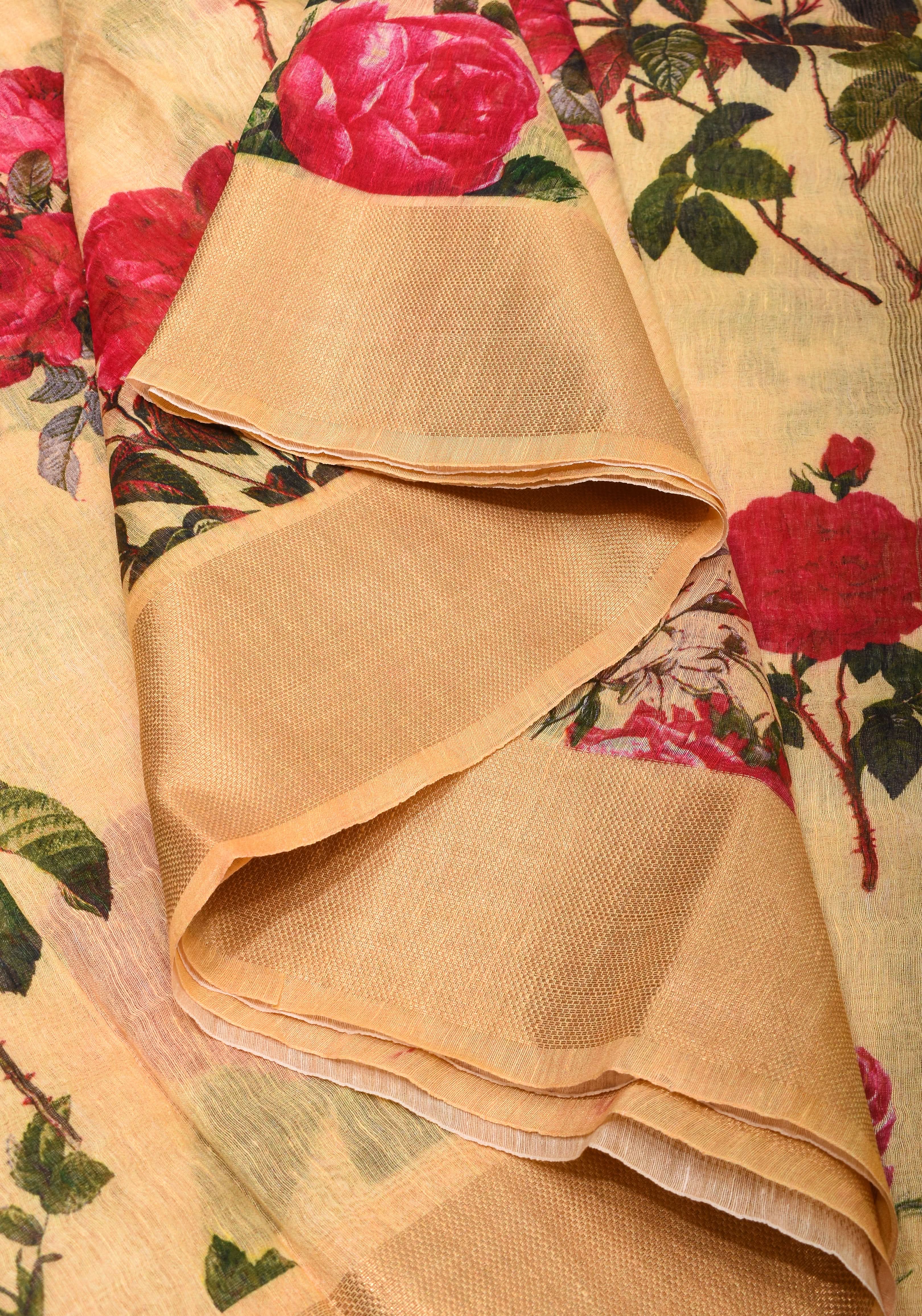 Cream Silk Linen Saree with Floral Digital Print | Shobitam