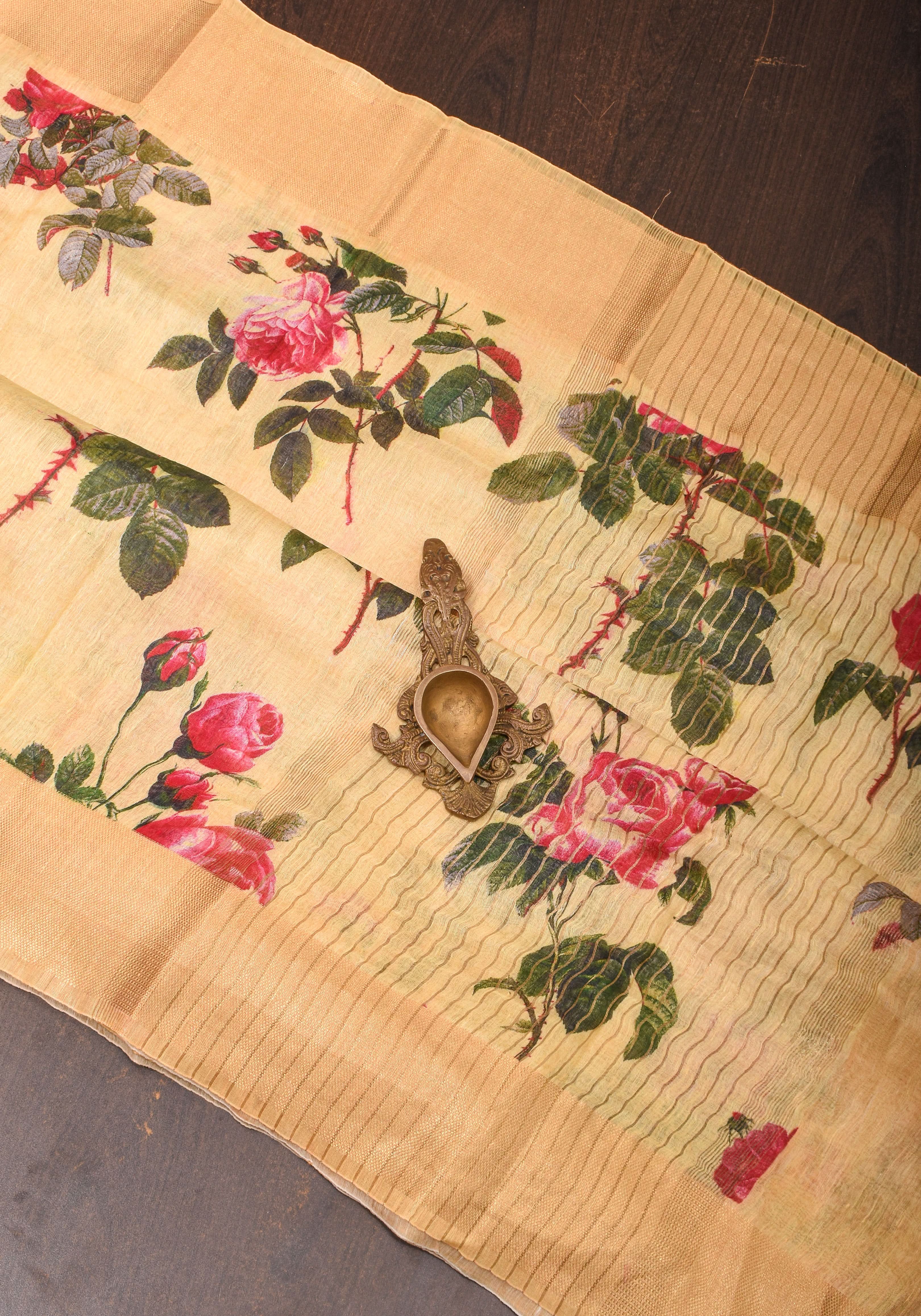 Cream Silk Linen Saree with Floral Digital Print | Shobitam