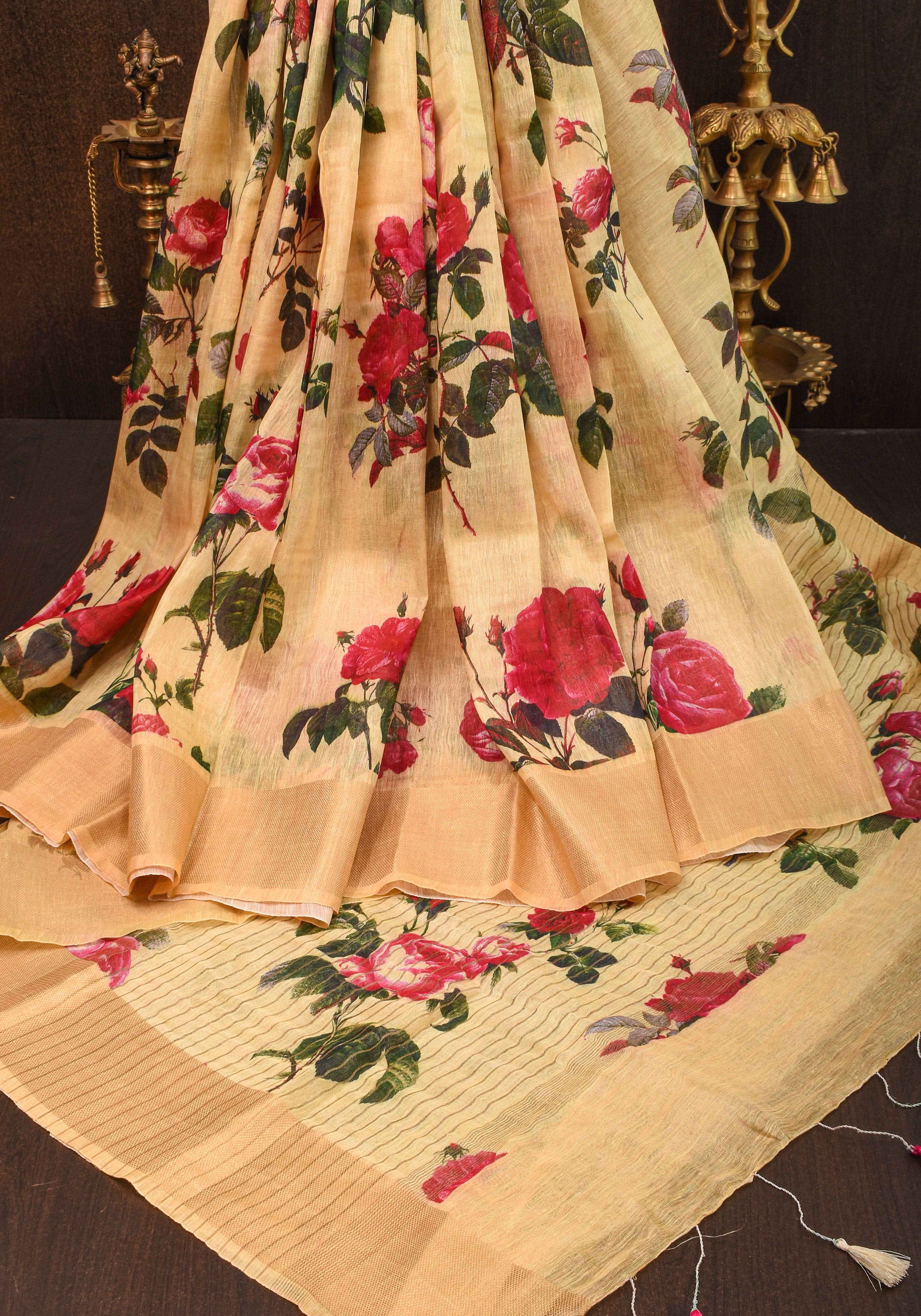 Cream Silk Linen Saree with Floral Digital Print | Shobitam
