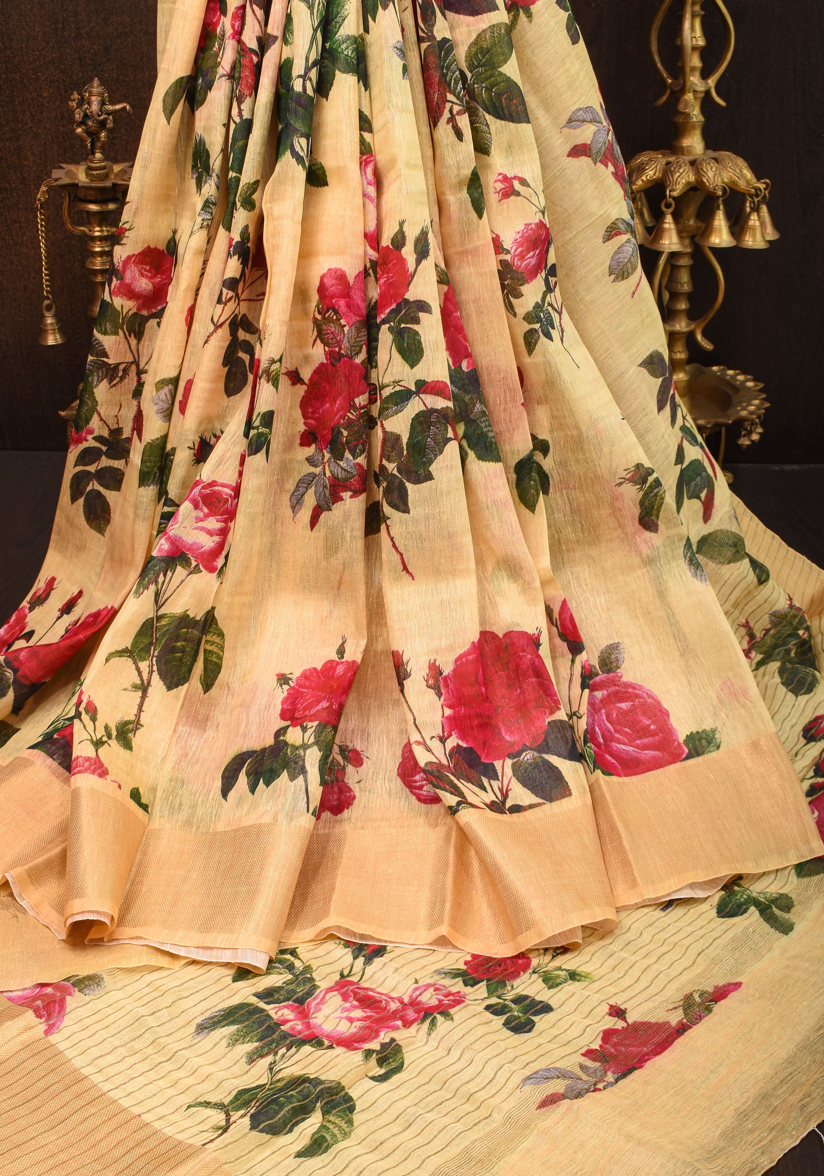 Cream Silk Linen Saree with Floral Digital Print | Shobitam