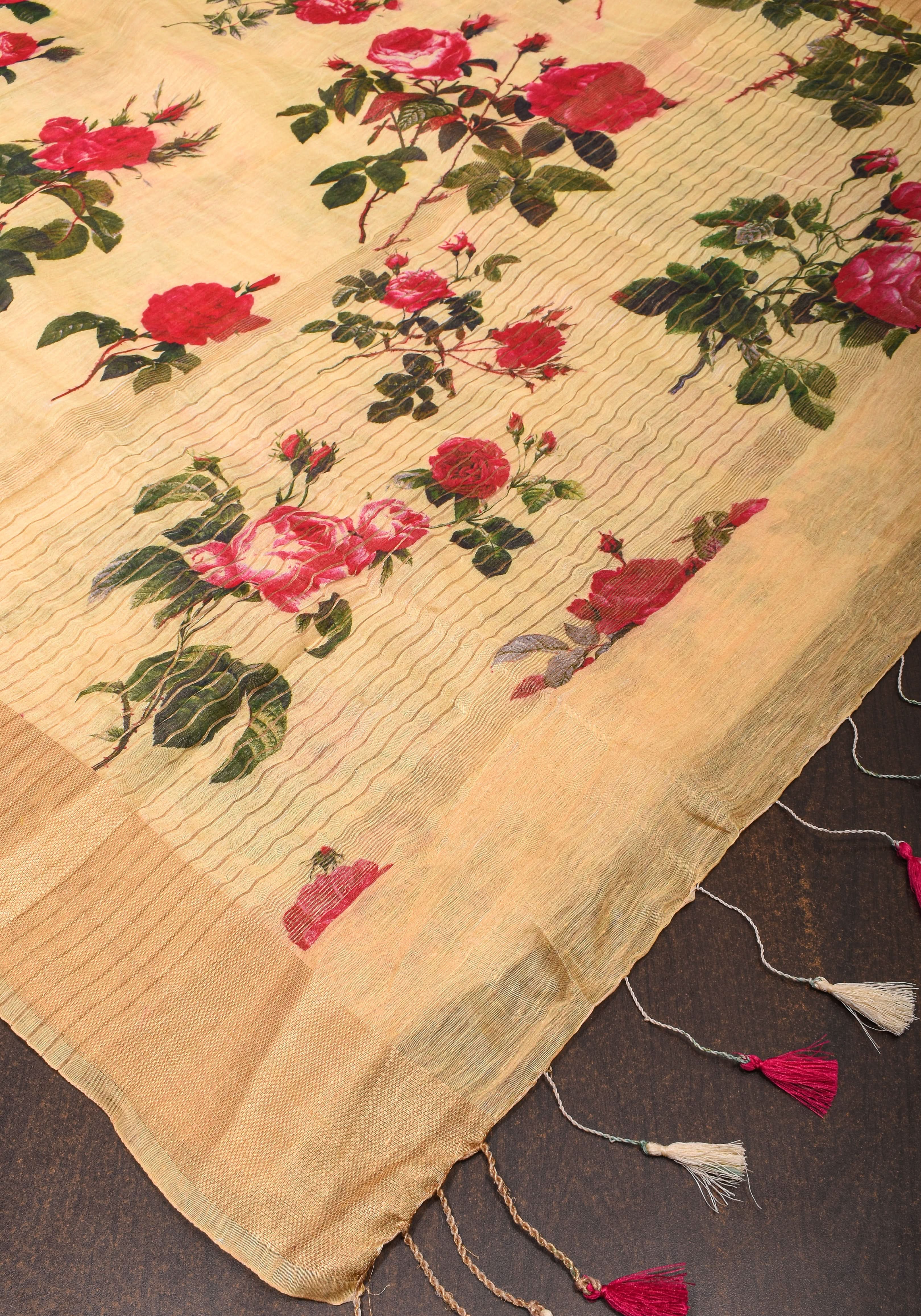 Cream Silk Linen Saree with Floral Digital Print | Shobitam