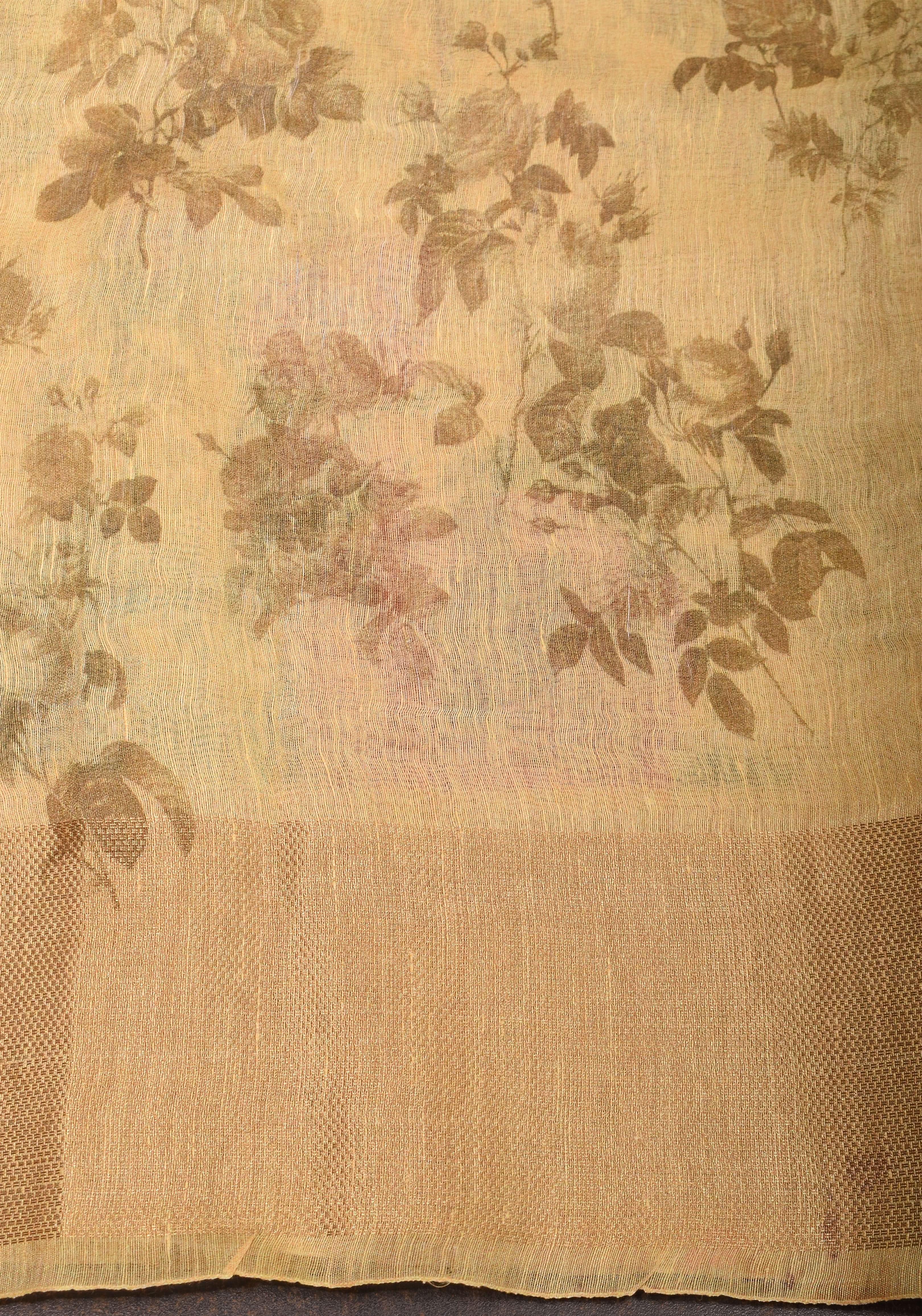 Cream Silk Linen Saree with Floral Digital Print | Shobitam