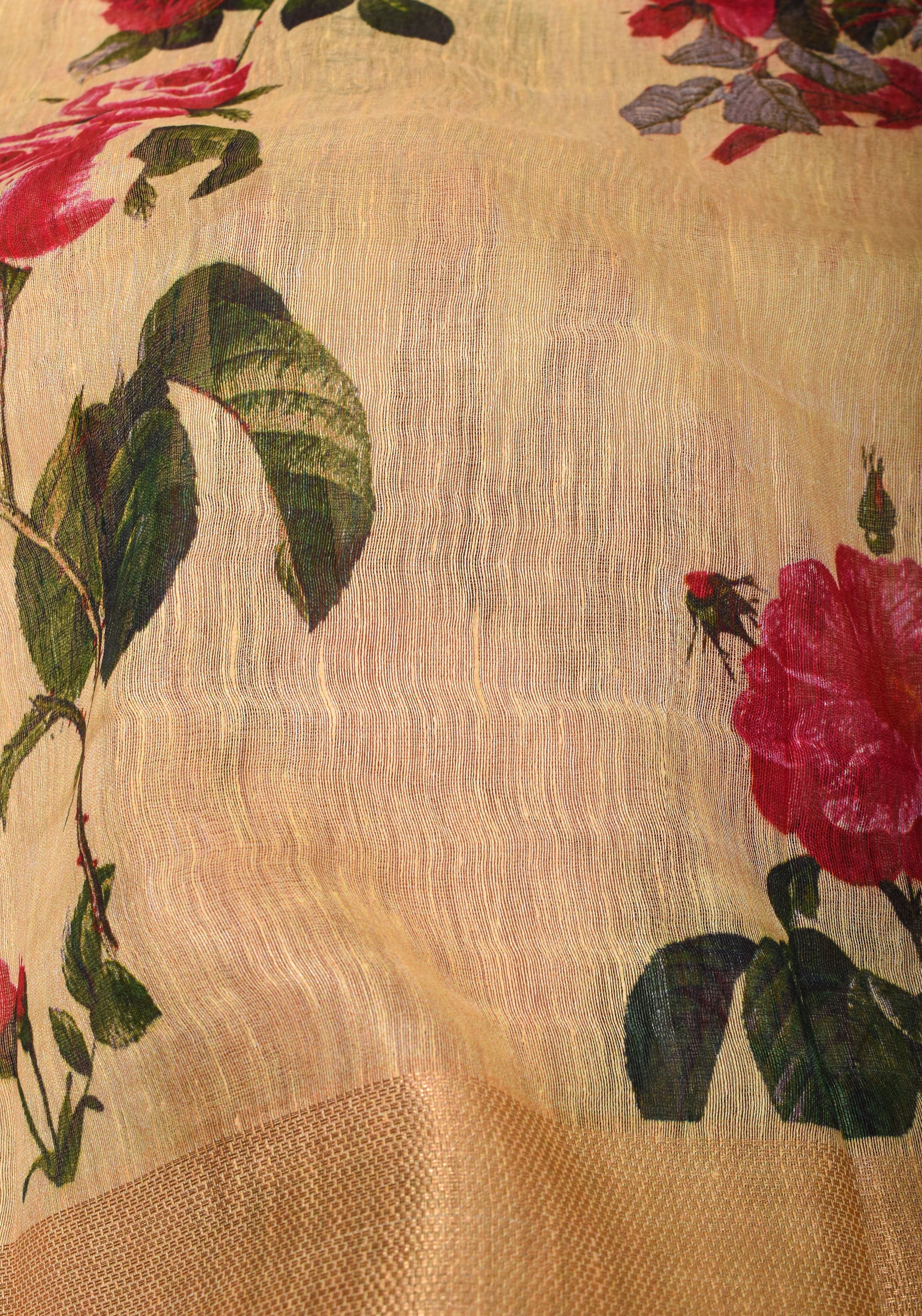 Cream Silk Linen Saree with Floral Digital Print | Shobitam