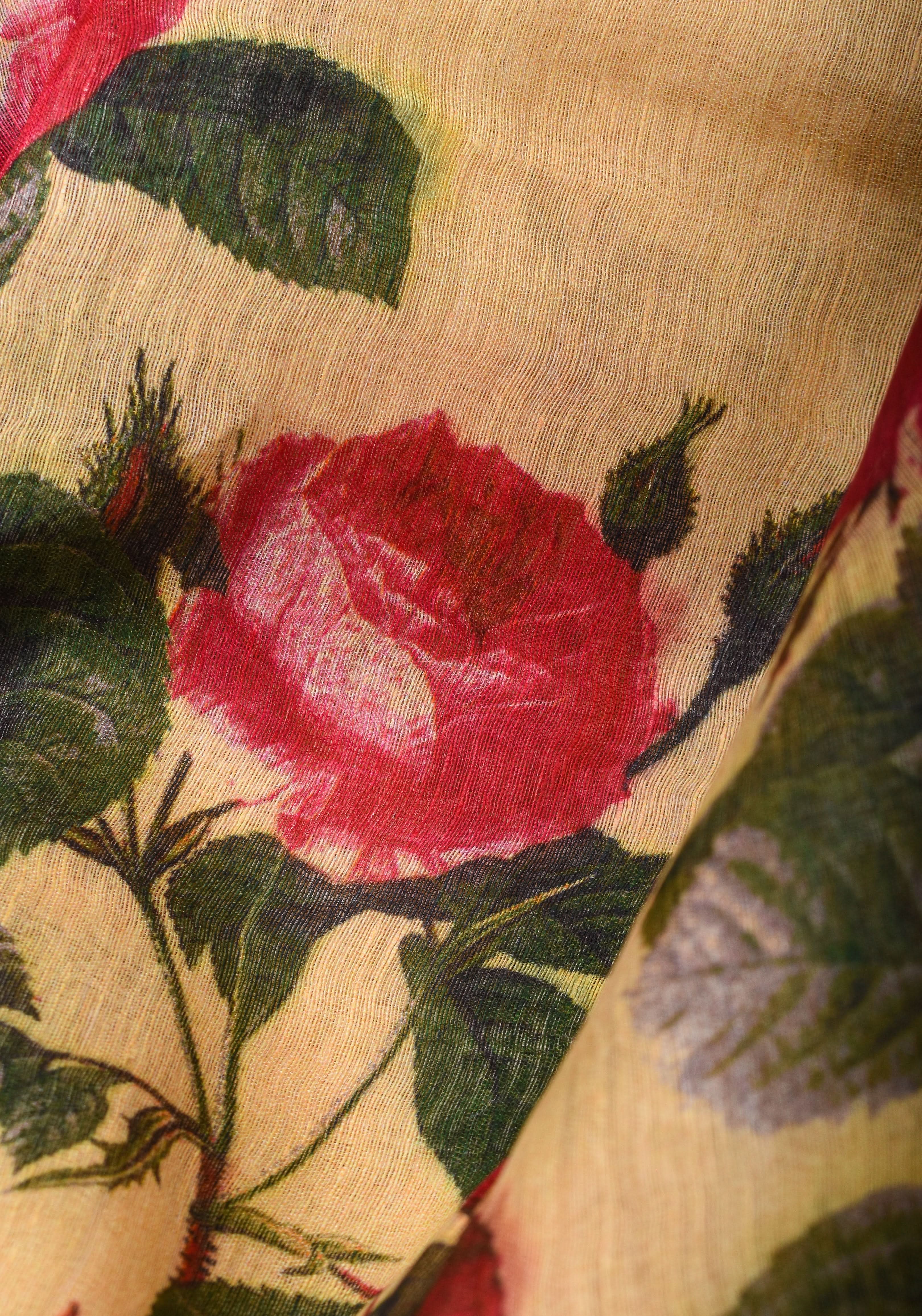 Cream Silk Linen Saree with Floral Digital Print | Shobitam