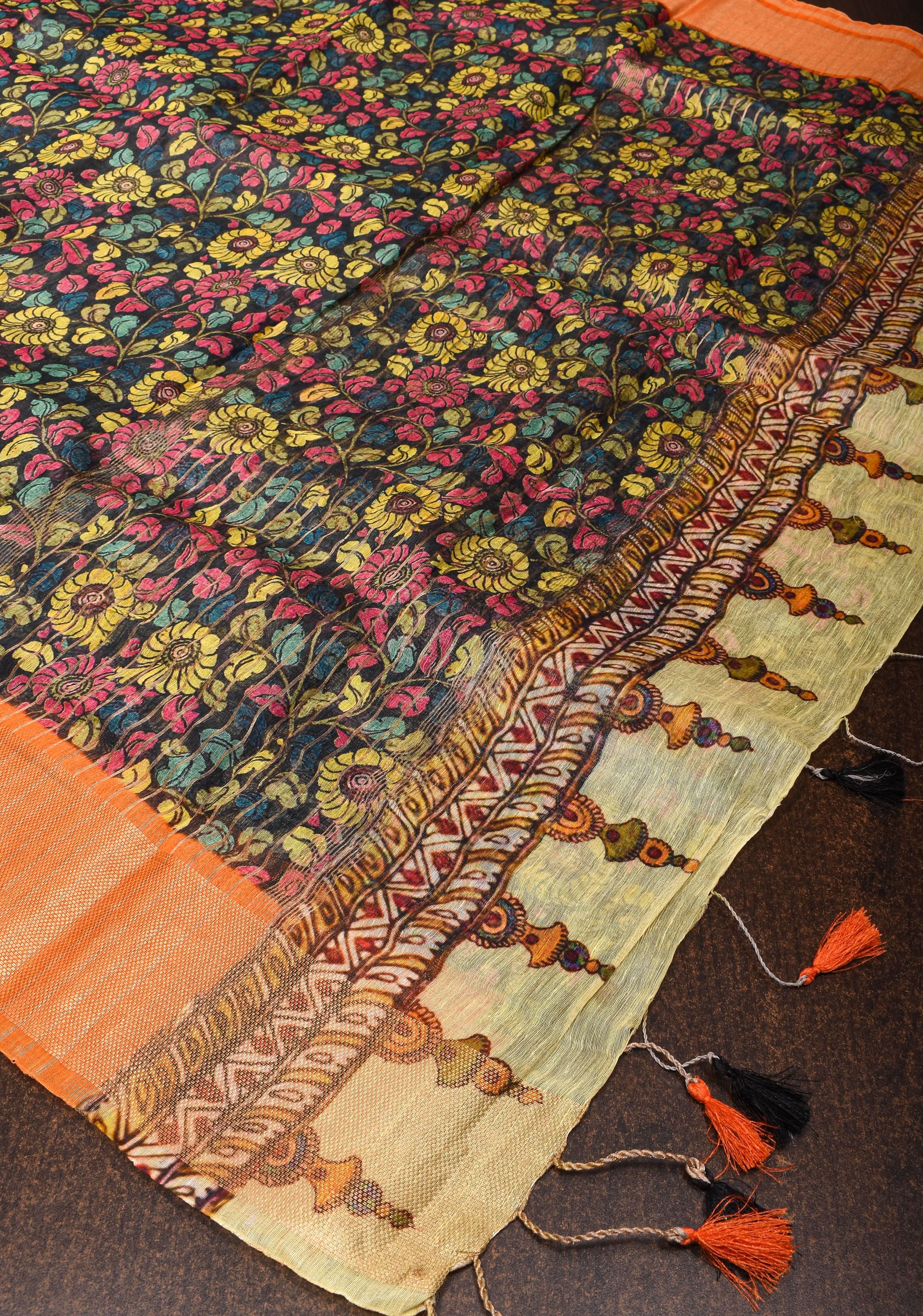 Black Green Silk Linen Saree with Floral Digital print With Orange Zari Border | Shobitam
