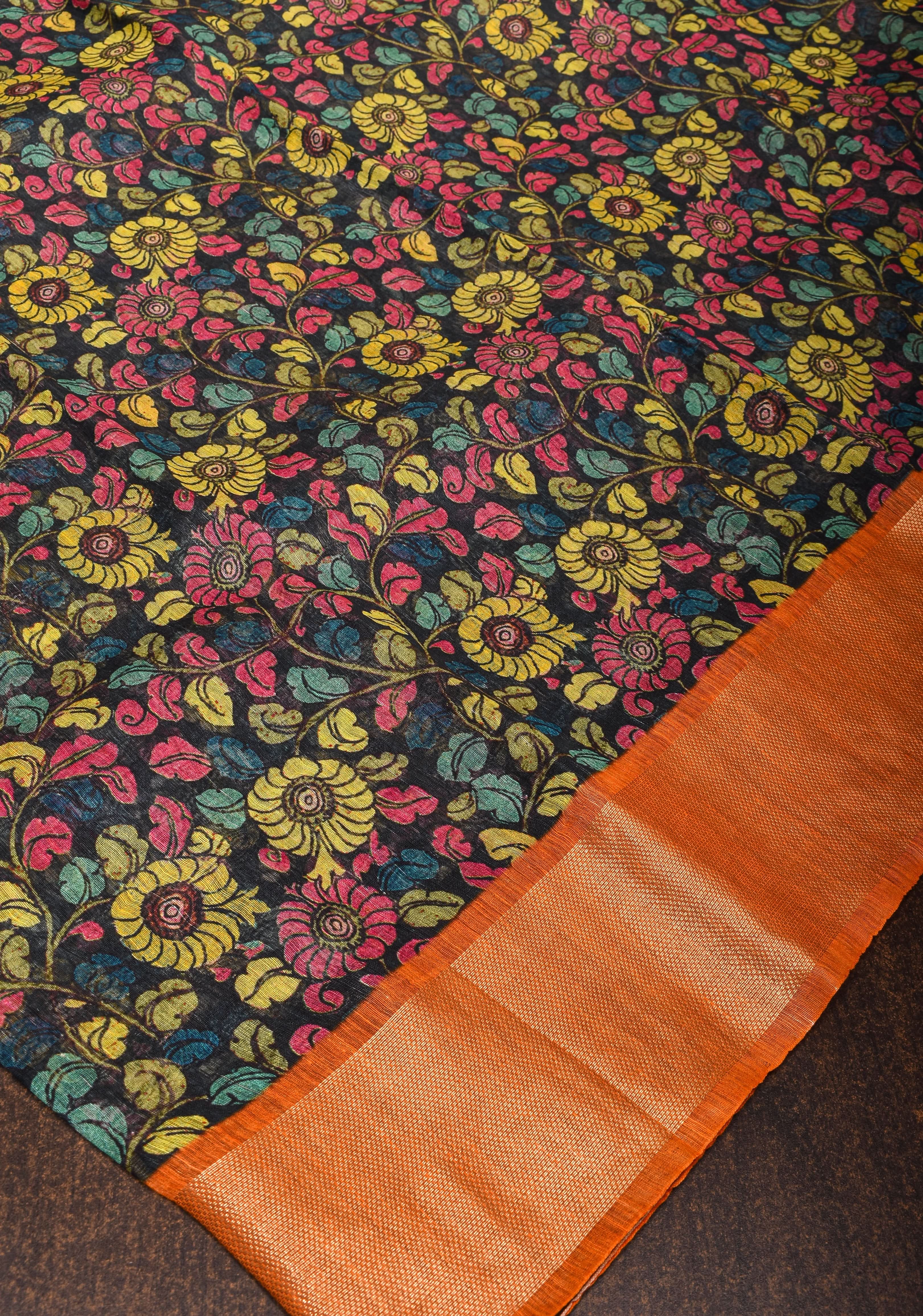 Black Green Silk Linen Saree with Floral Digital print With Orange Zari Border | Shobitam