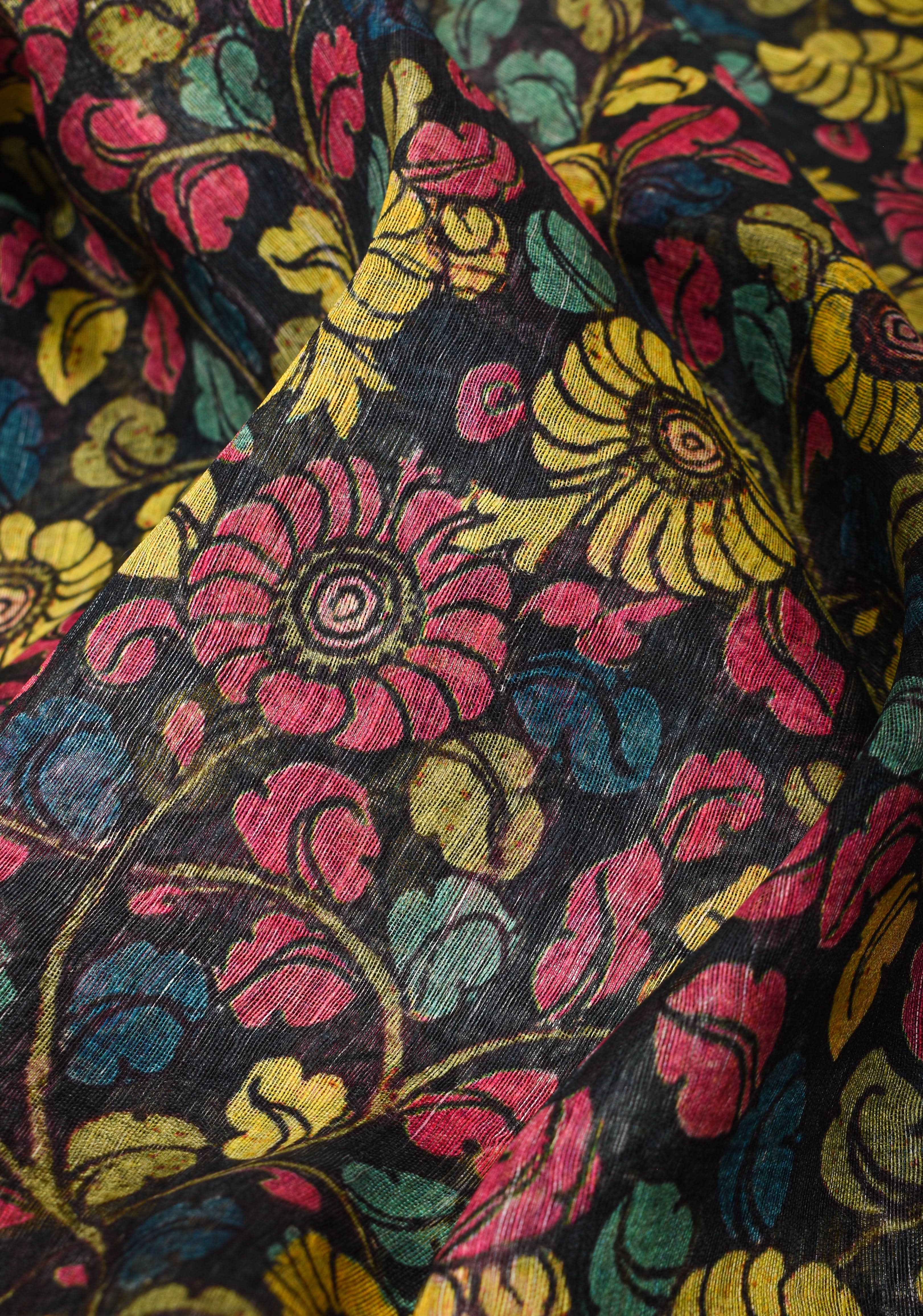 Black Green Silk Linen Saree with Floral Digital print With Orange Zari Border | Shobitam