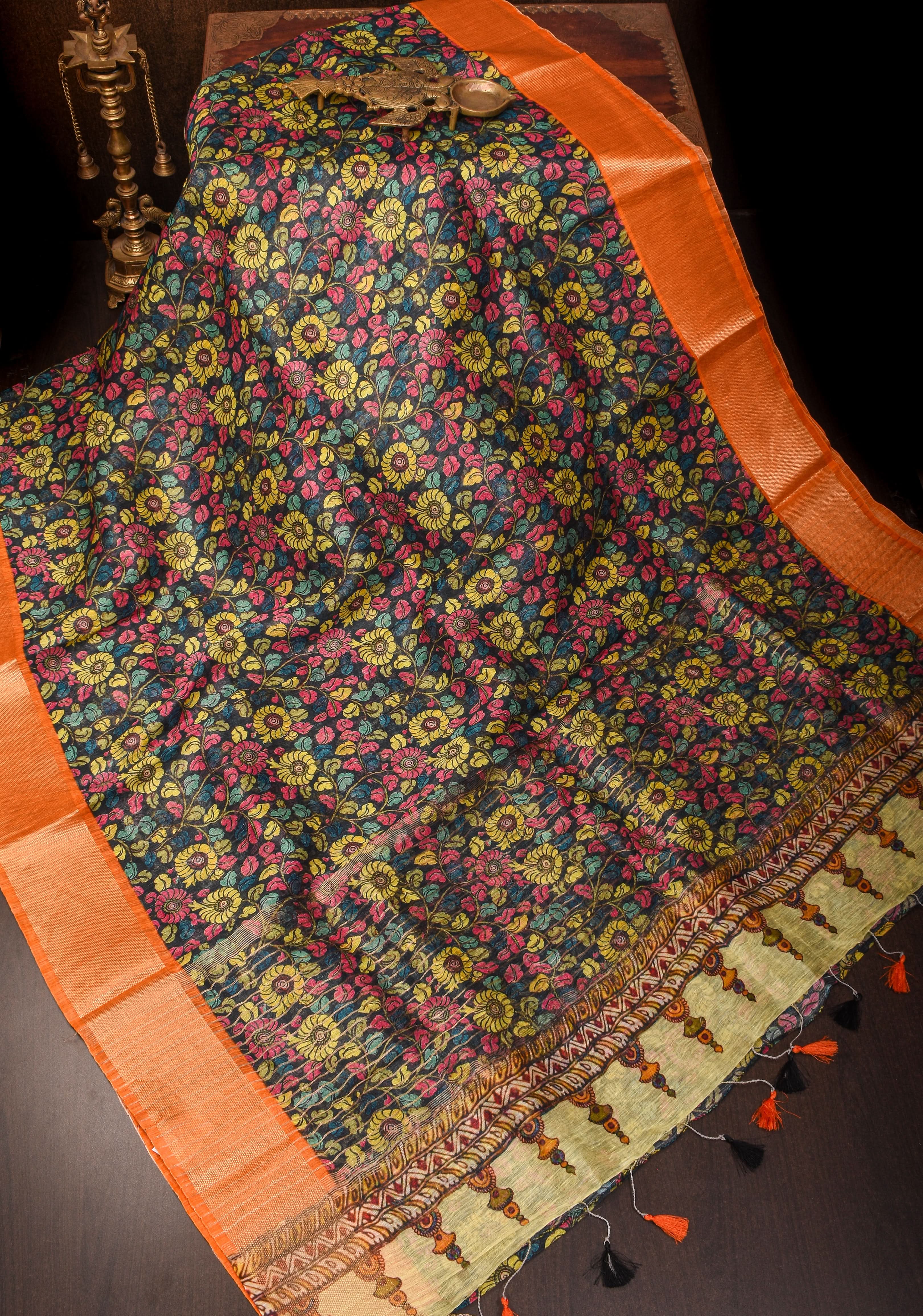 Black Green Silk Linen Saree with Floral Digital print With Orange Zari Border | Shobitam