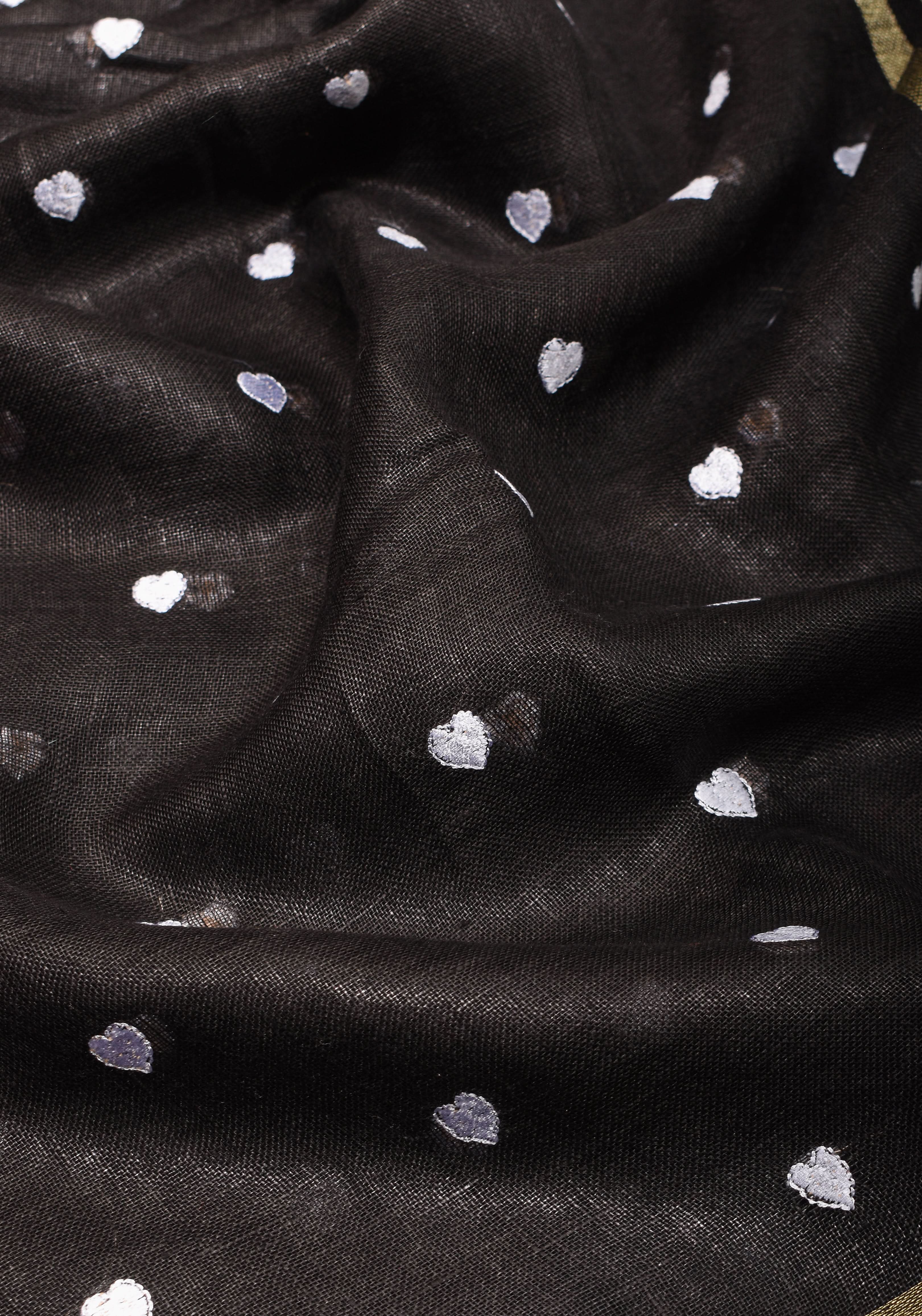 Shobitam Exclusive Celebrity Loving Hearts Embroidered Black Pure Linen Saree