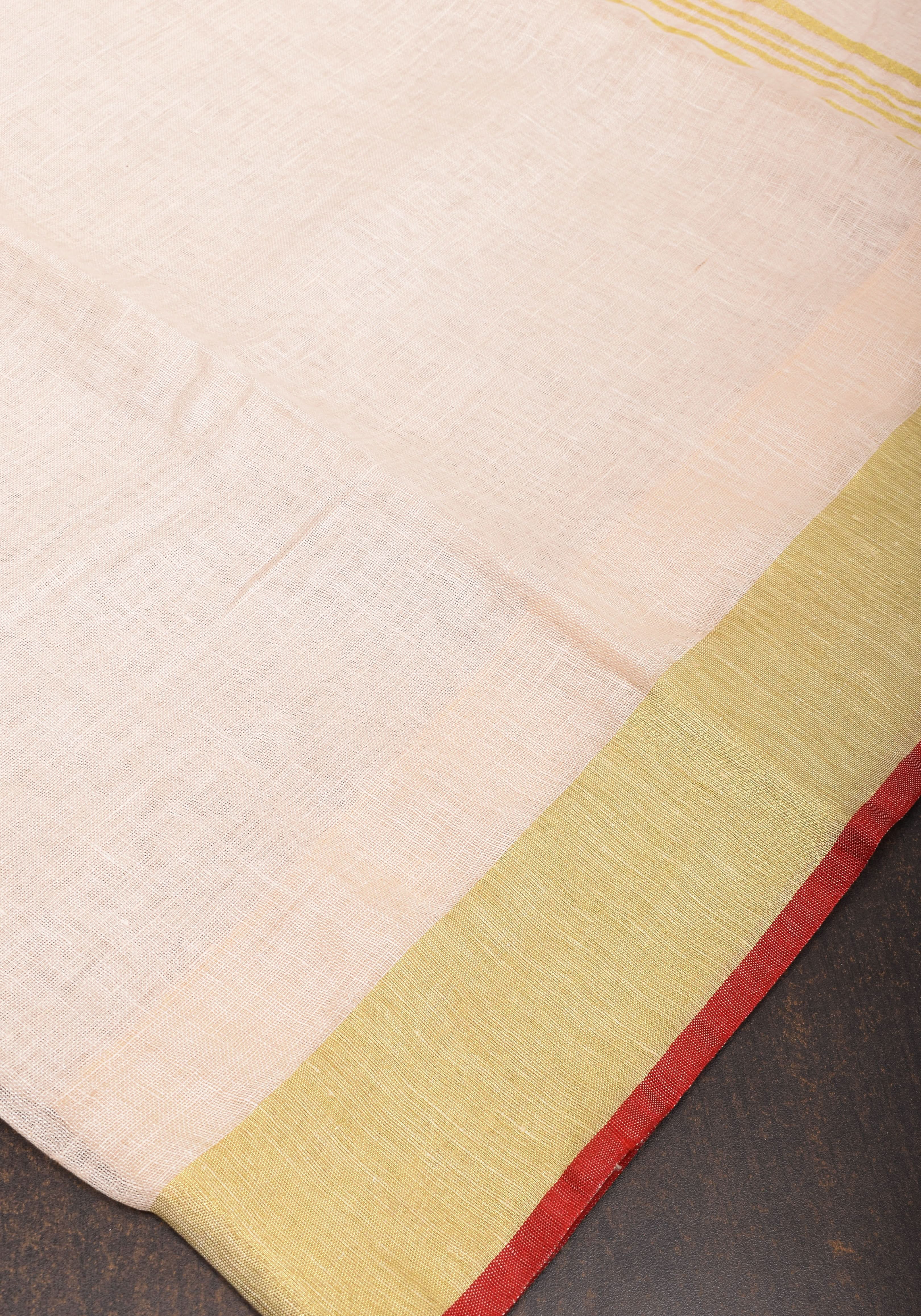 Ivory Linen by Linen saree with Red-Gold Border | Shobitam