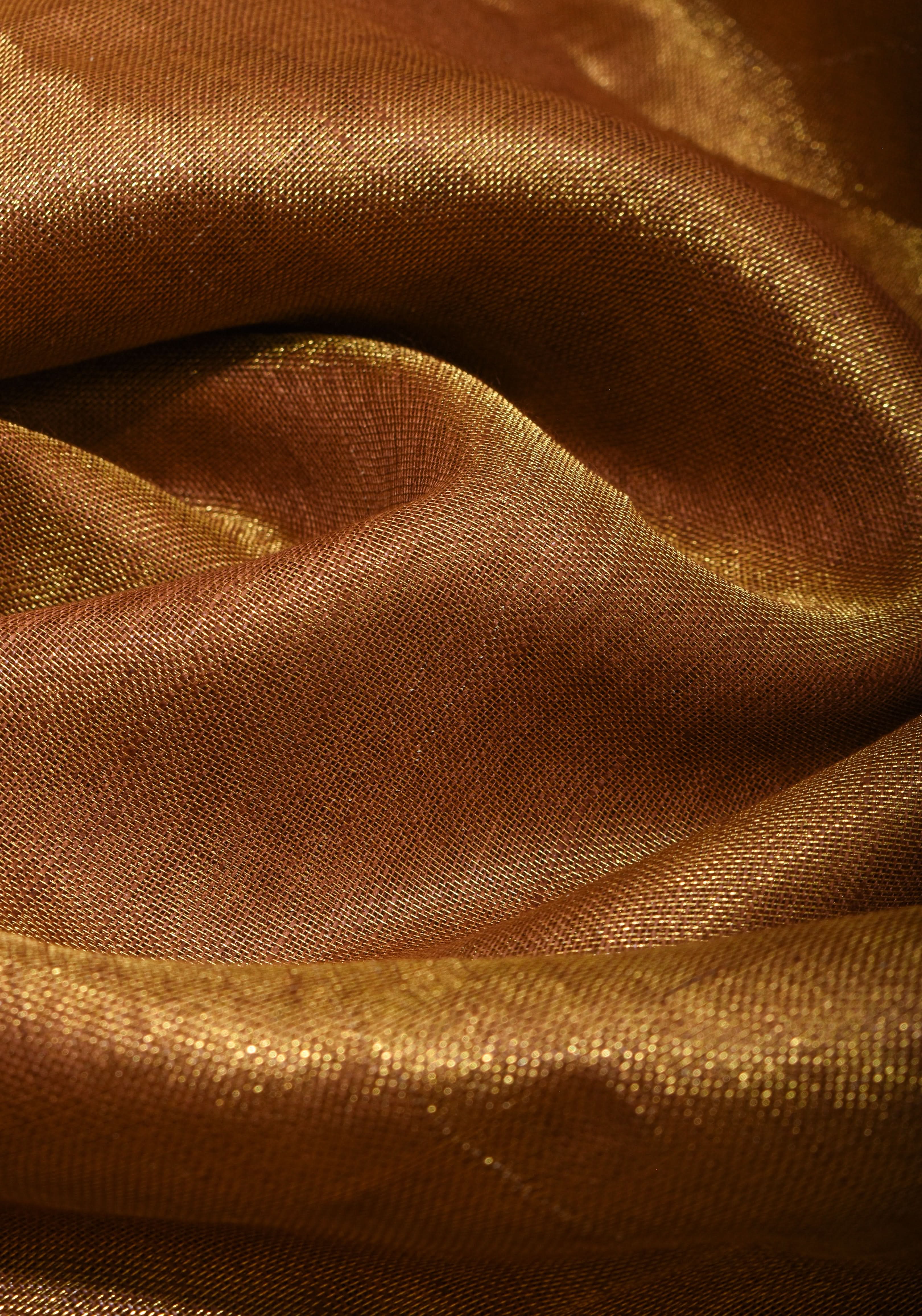 Caramel and Gold Tissue Linen Saree with Zari Border and long tassels | Shobitam