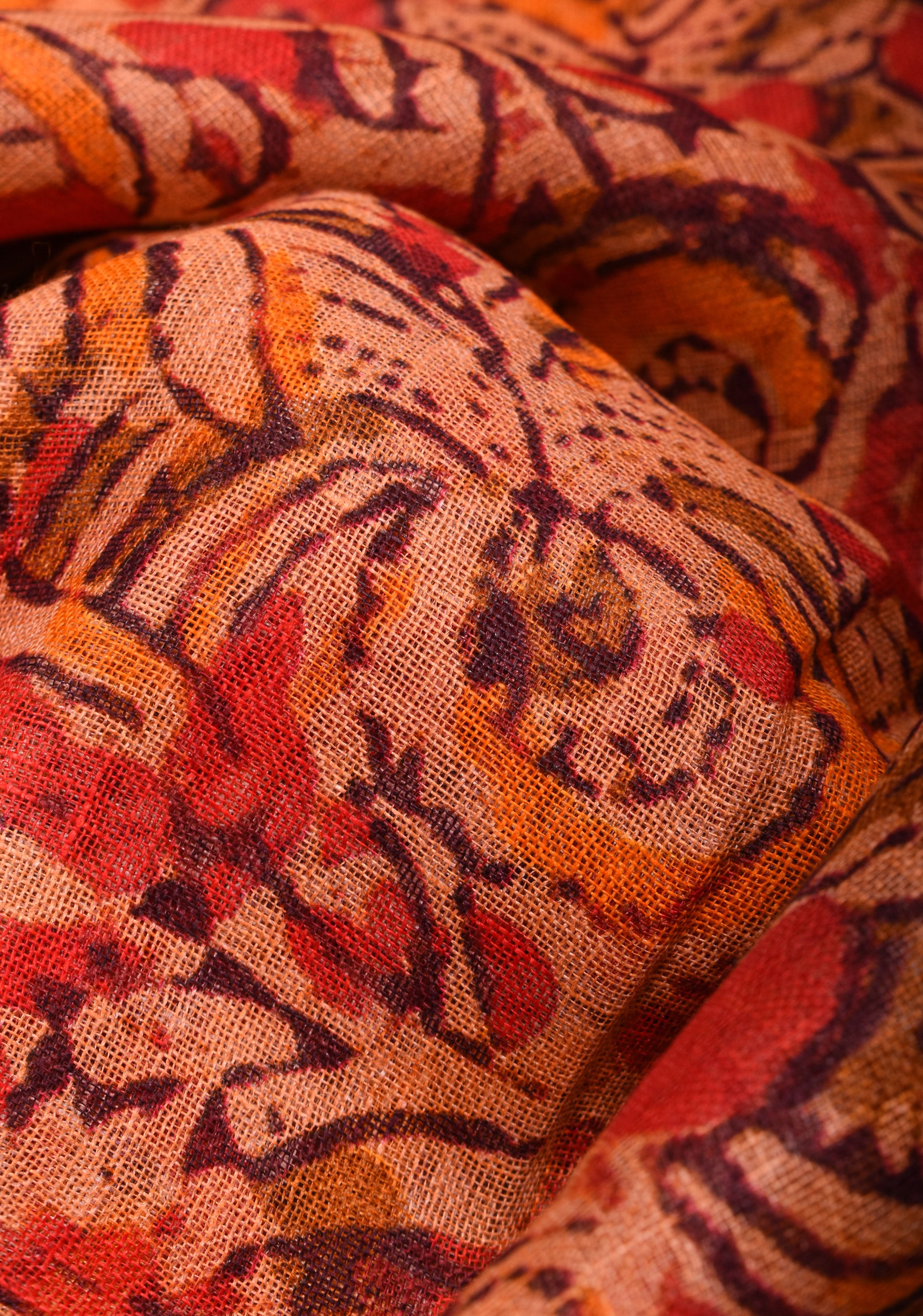 Orange Silk Linen Saree with Lord Ganesha Kalamkari Digital Print | Shobitam
