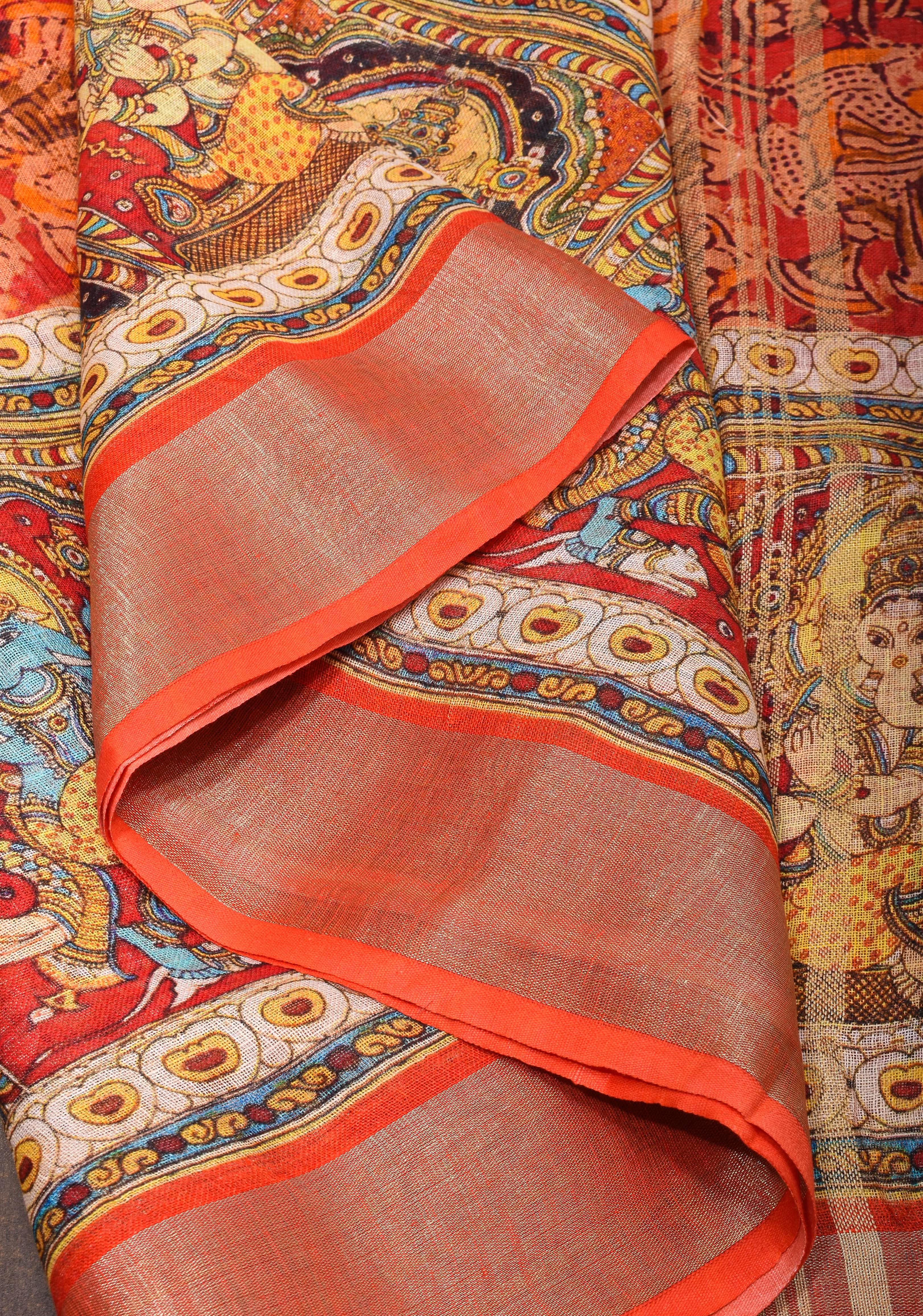 Orange Silk Linen Saree with Lord Ganesha Kalamkari Digital Print | Shobitam