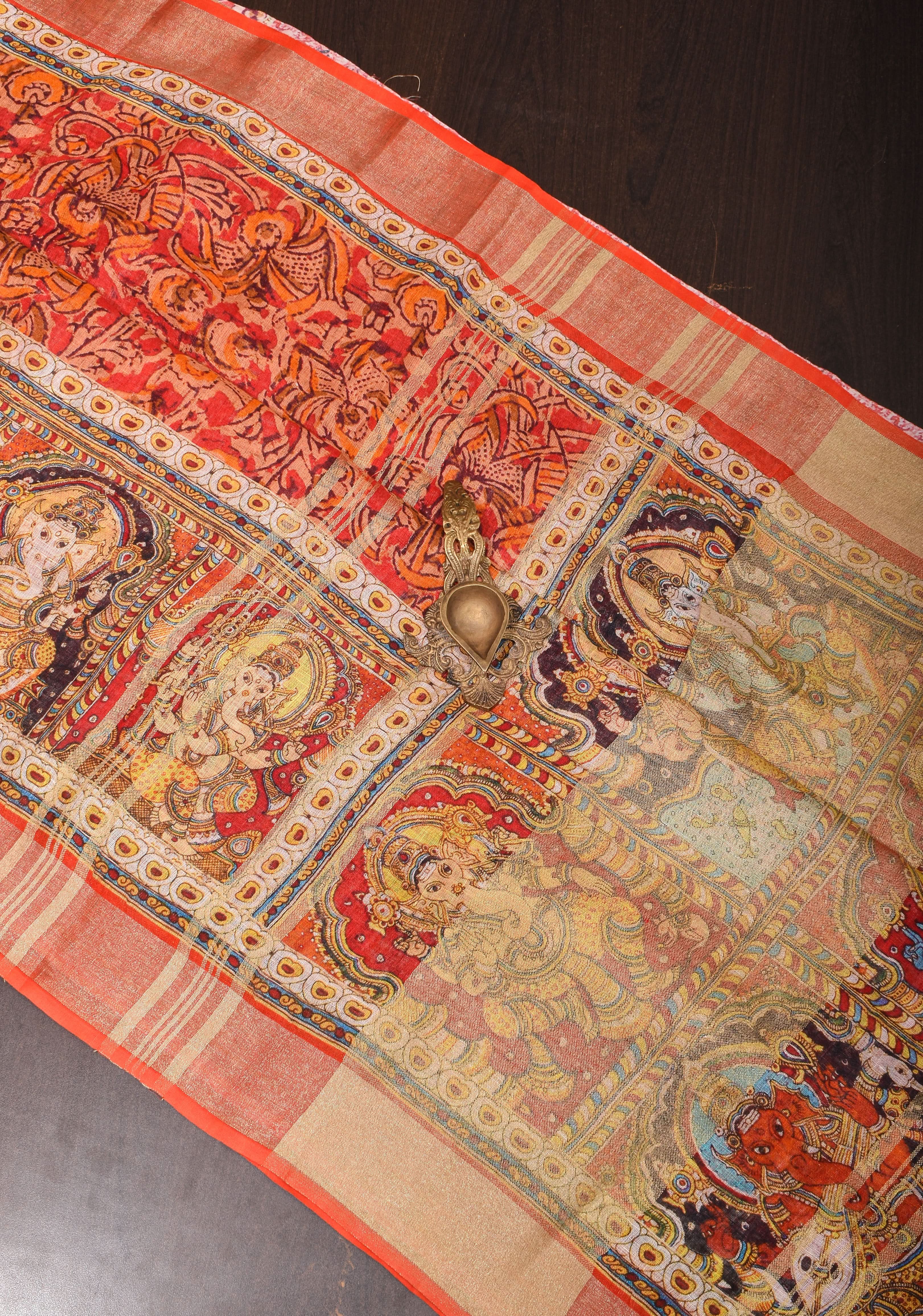 Orange Silk Linen Saree with Lord Ganesha Kalamkari Digital Print | Shobitam